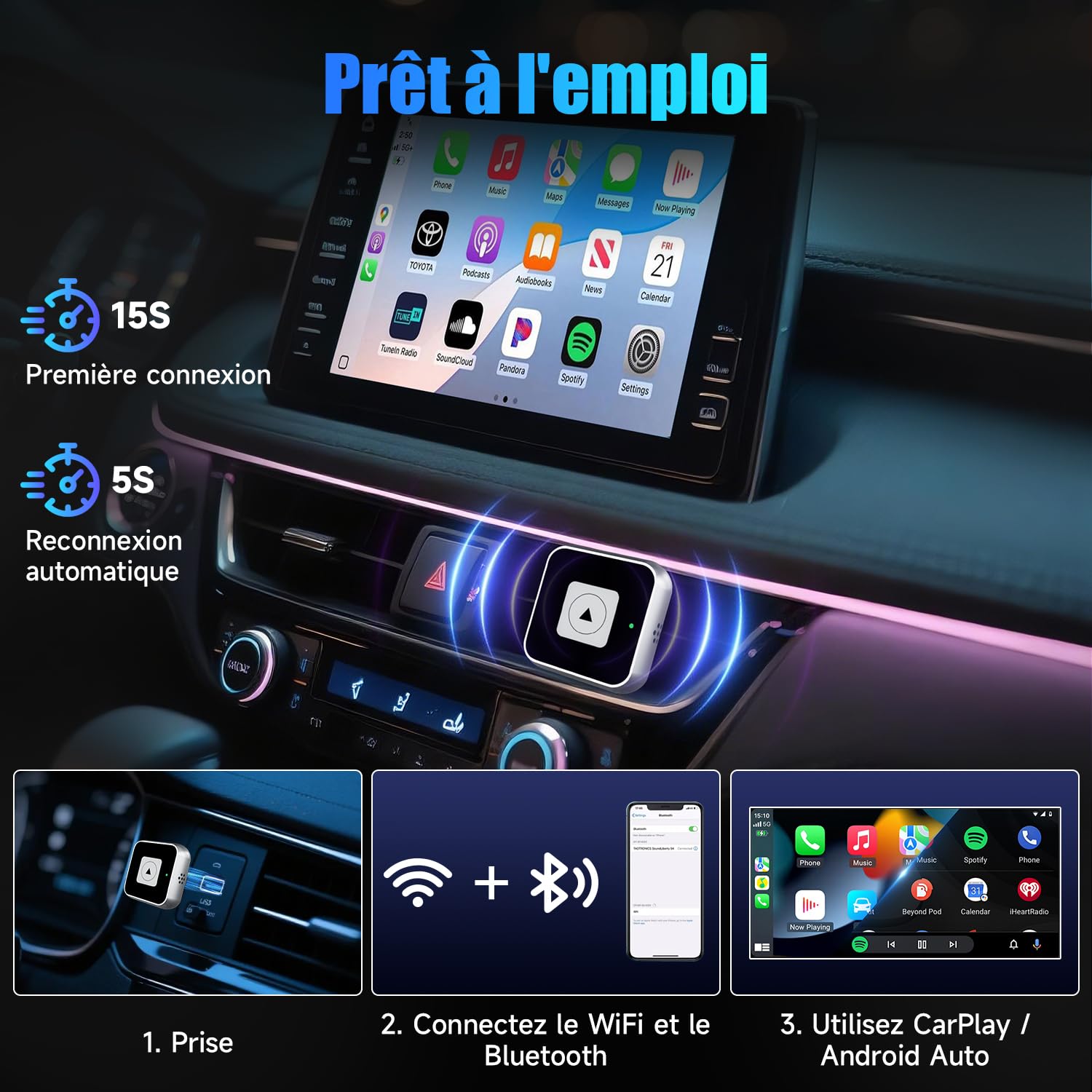 ELECGO Mini Adaptateur CarPlay sans Fil pour iPhone, Convertissez Le Filaire en sans Fil, Plug & Play avec Typ-C/USB, Compatible avec Android 11+ et iOS 10+ (Noir)