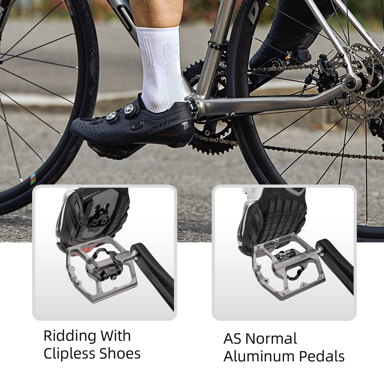 'FOOKER MTB Mountain Bike Pedals, Dual Function Flat and Pedal,3 Sealed Bearing Flat Platform Compatible with Clipless Pedal Aluminum 9/16'' Pedals with Cleats for Road Mountain BMX MTB'