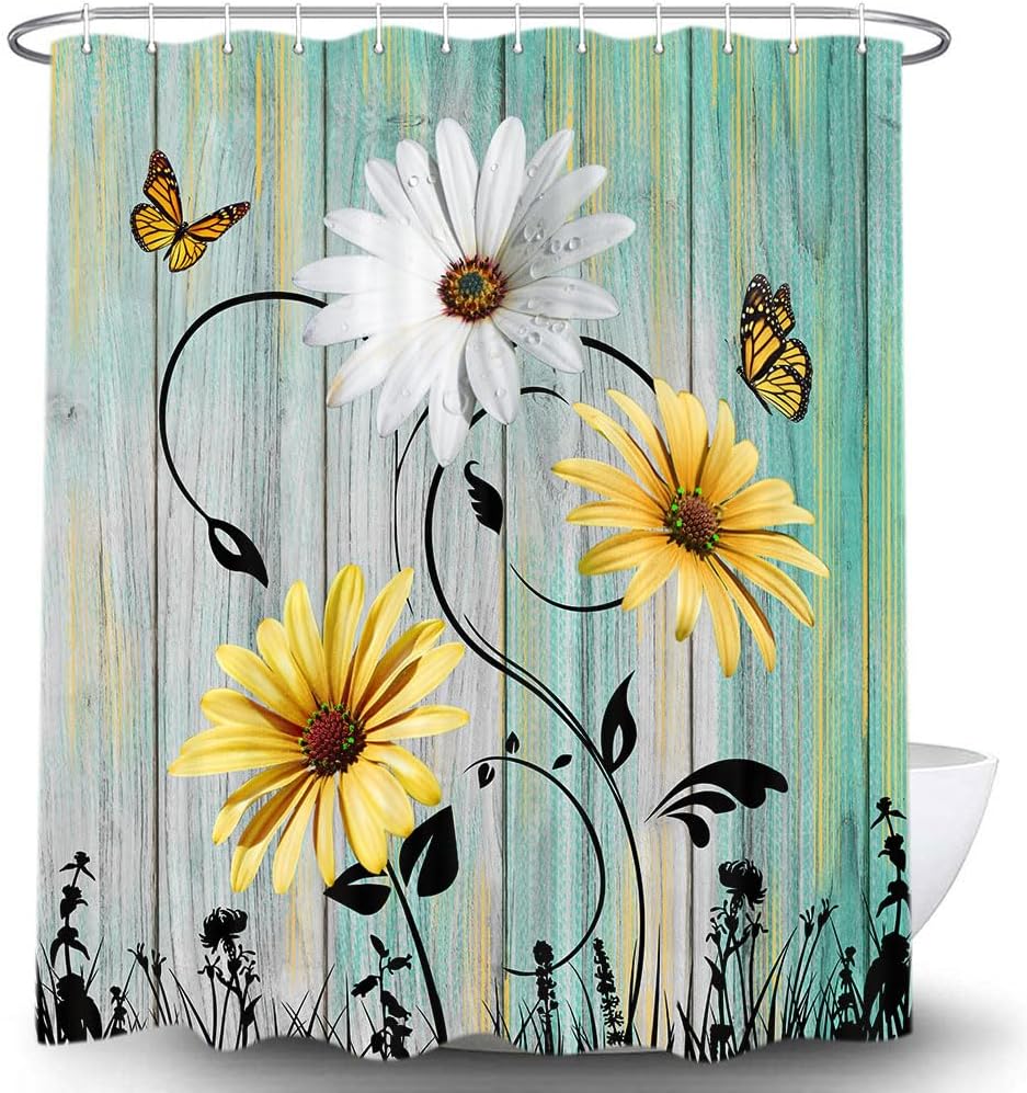 Rustic Farmhouse Floral Shower Curtain, Farm Teal Daisy Floral Butterfly Old Plank Rustic Shower Curtain, Turquoise Blue Fabric Bathroom Accessory Set with Hooks, 72 x 84, Green
