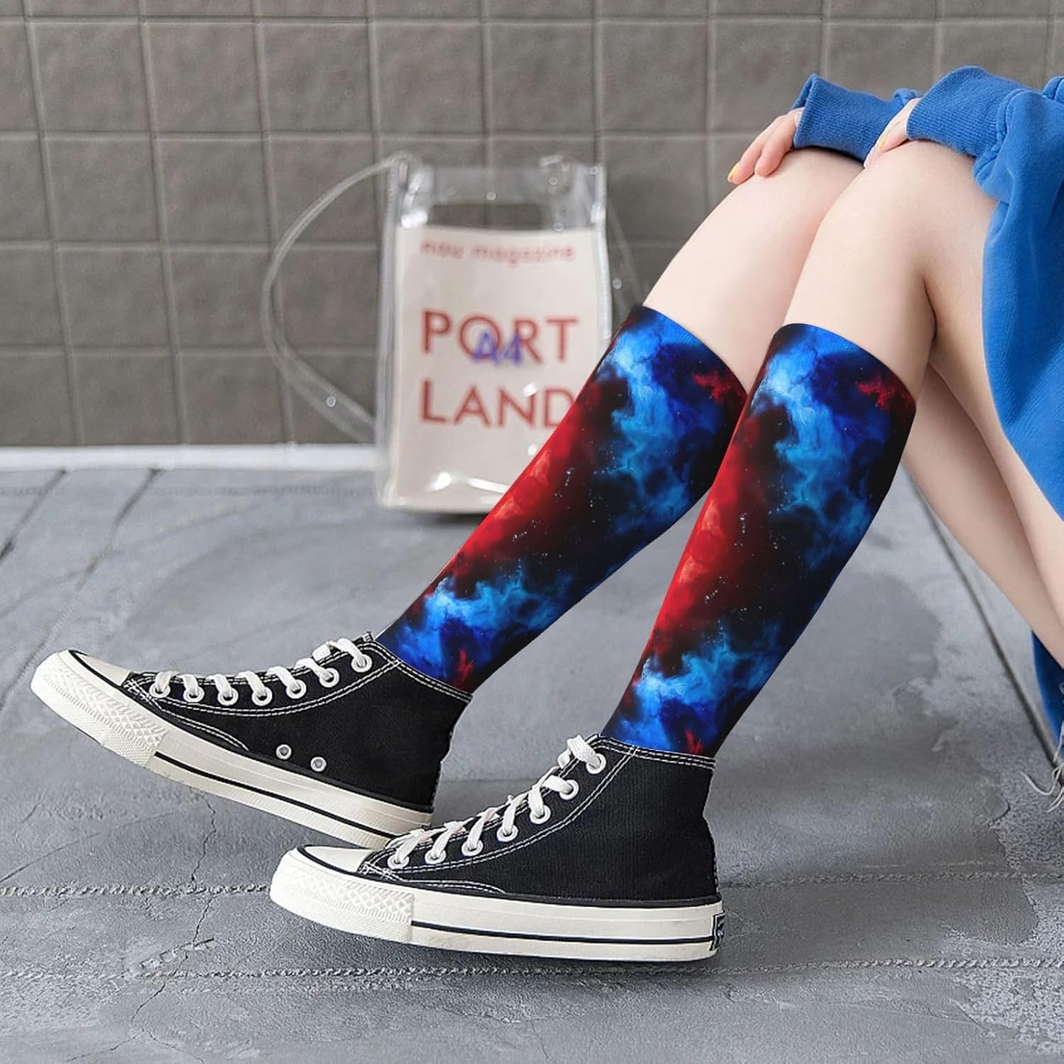 Red Blue Galaxy Print Breathable Crew Neck Athletic High Socks,Suitable For Sports,Running,And Travel.