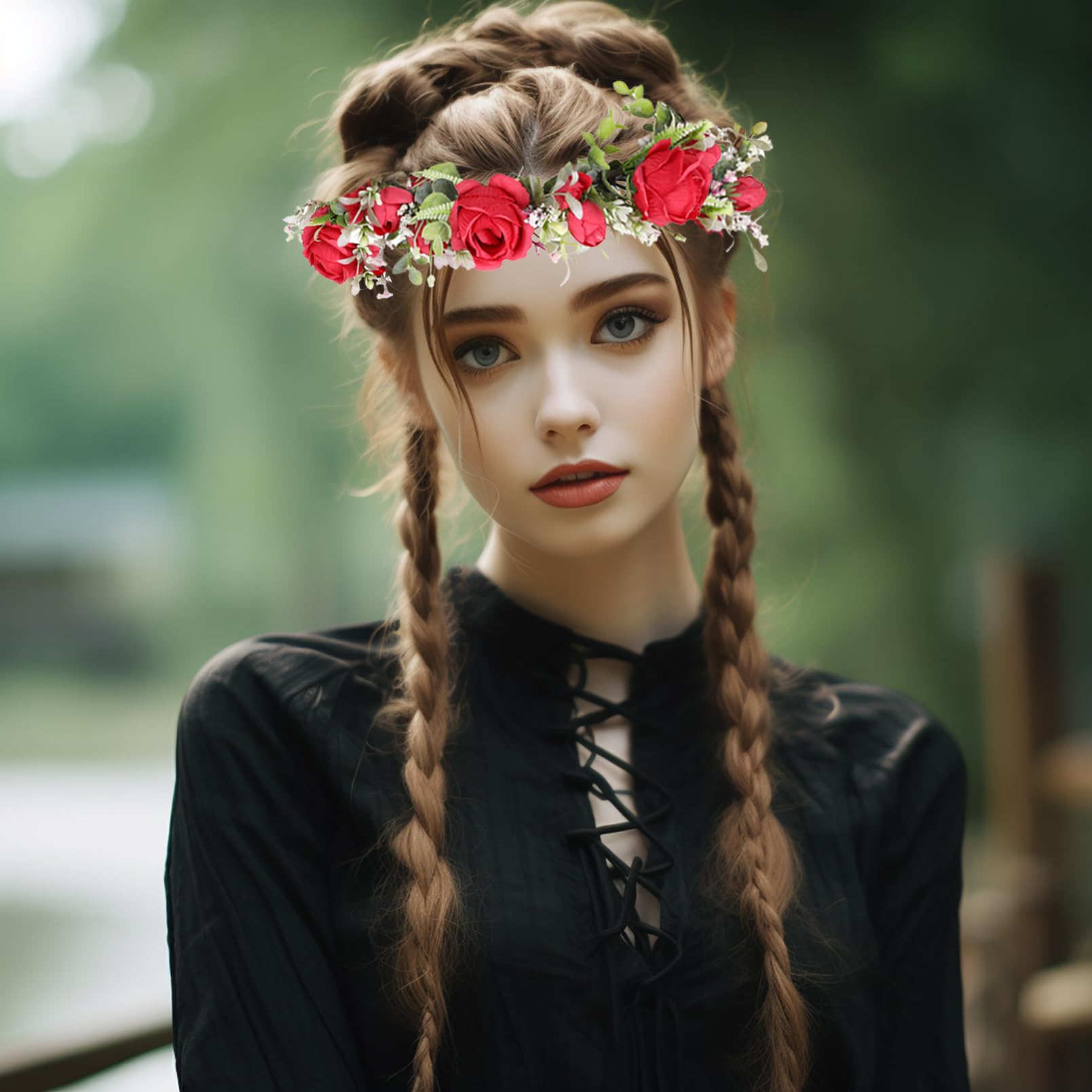 Brikuinr Bridal Floral Crown Flower Headband Hair Wreath Flower Halo Floral Headpiece Boho with Ribbon Wedding Party Festival - Image 4