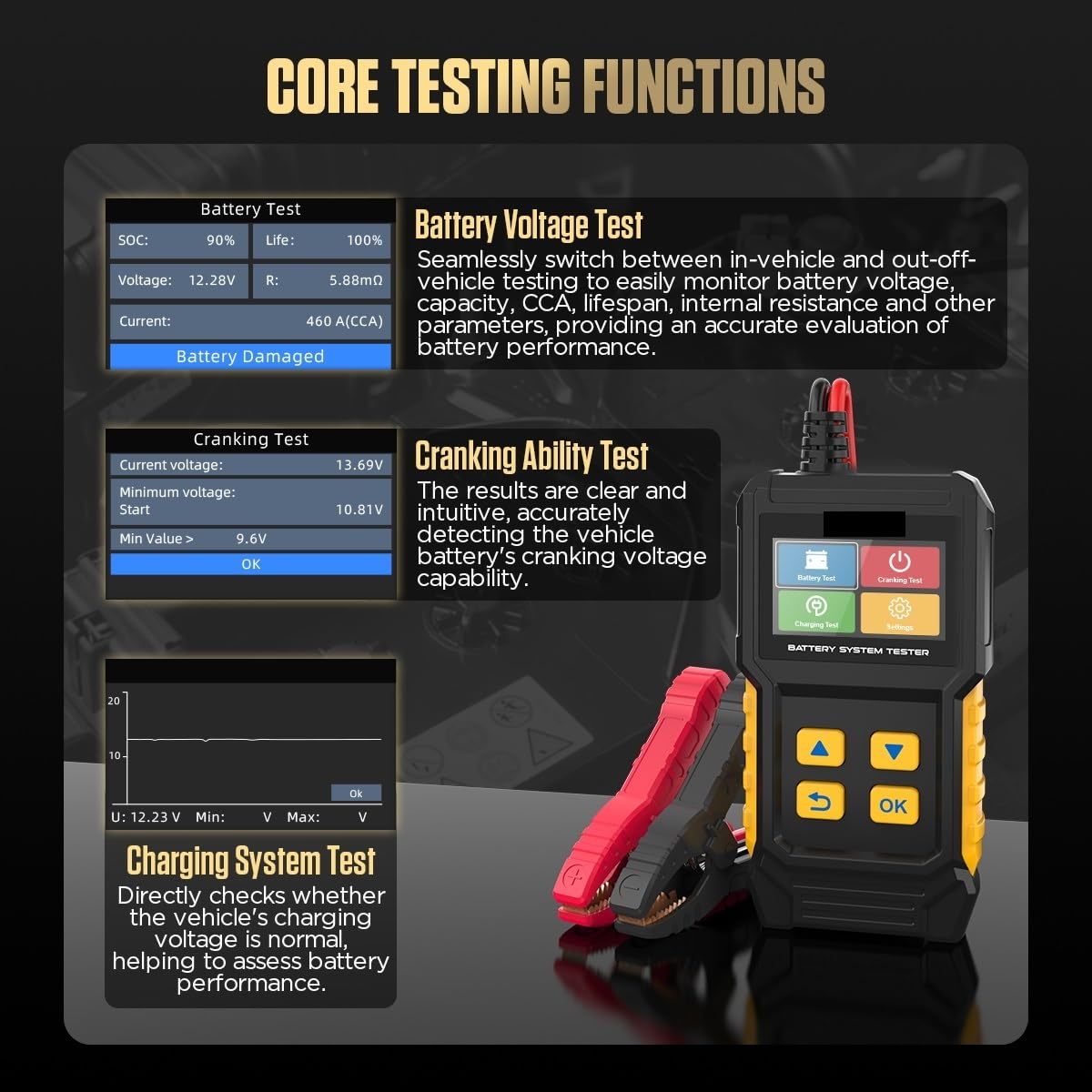 Tester baterii, Tester akumulatora samochodowego BT360 12 V Test diagnostyczny Cyfrowy tester Rozruch pojazdu Ładowanie Skaner Analizator Narzędzie
