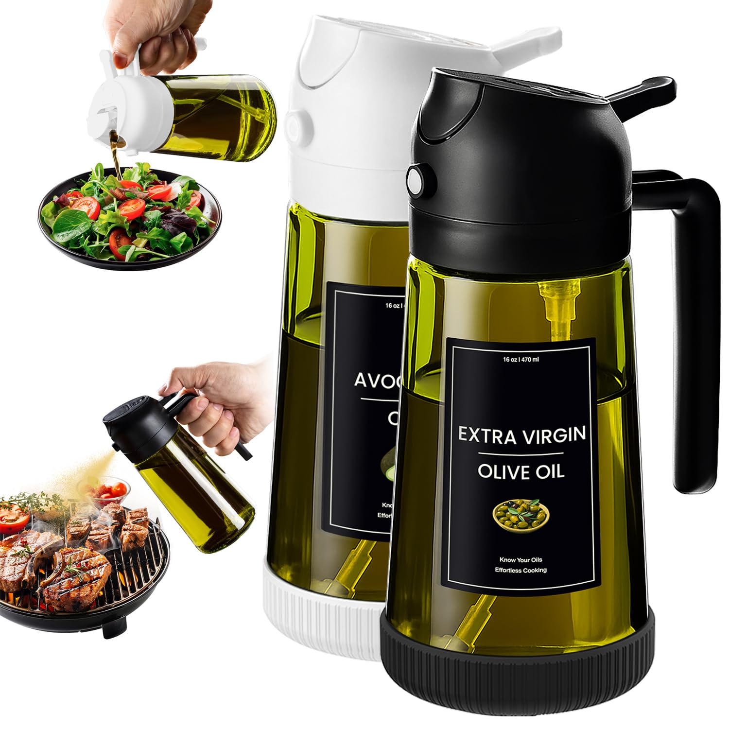 CXINYI - 16oz/470ml Olive Oil Dispenser for Kitchen with Stickers - 2 in 1 Olive Oil Sprayer for Cooking, Air Fryer, and Salad, Black&amp;White (Light-Proof Kitchen Gadget)