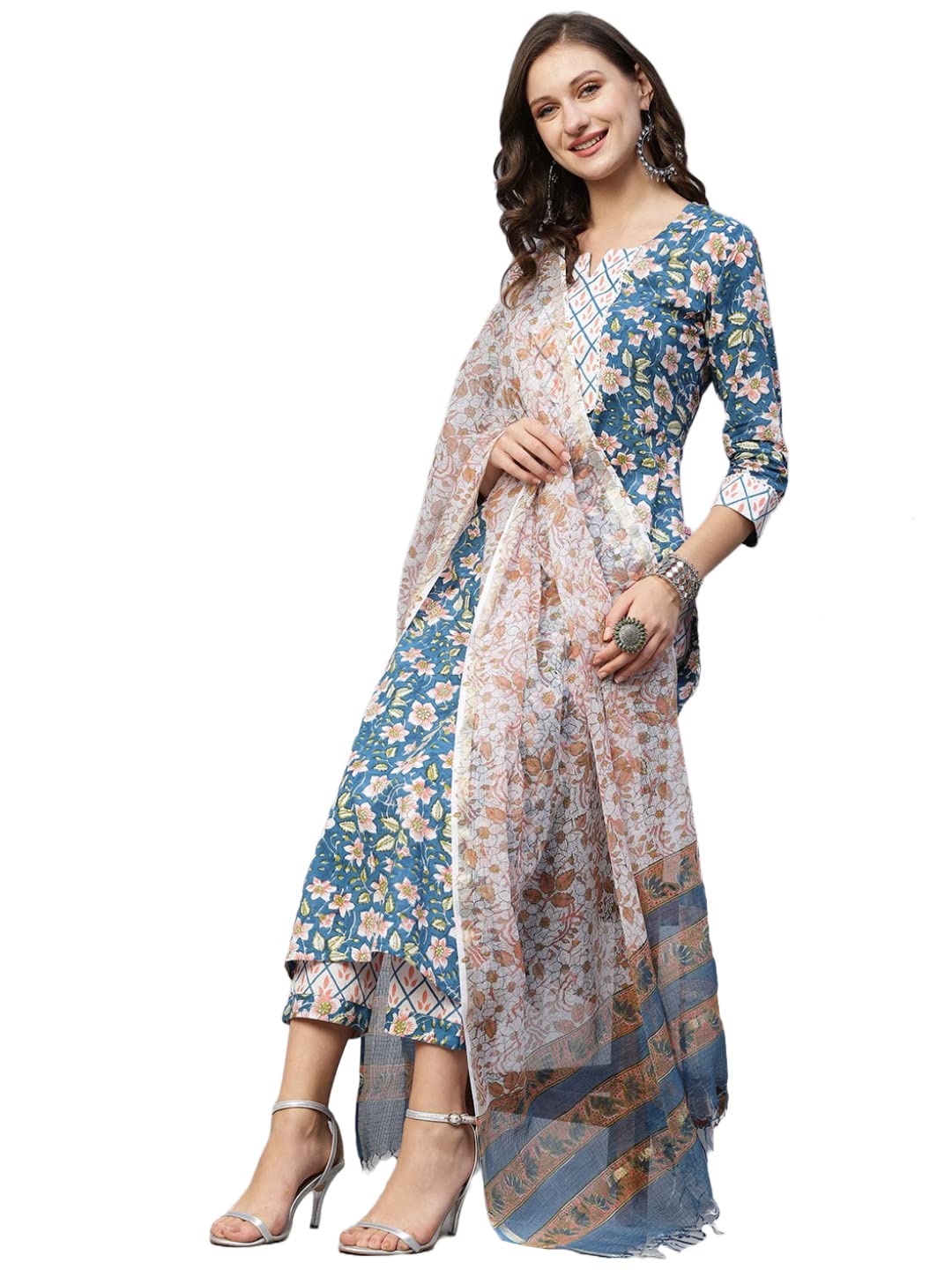 ANNI DESIGNERWomen's Cotton Blend Straight Printed Kurta Set With Dupatta