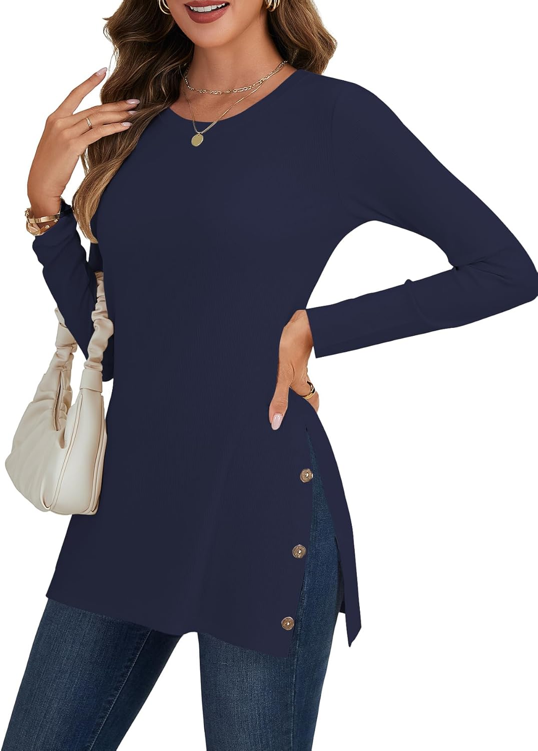 LYANER Women's Button Split Slit Sides Scoop Neck Long Sleeve Blouse Tunic Top - Image 3