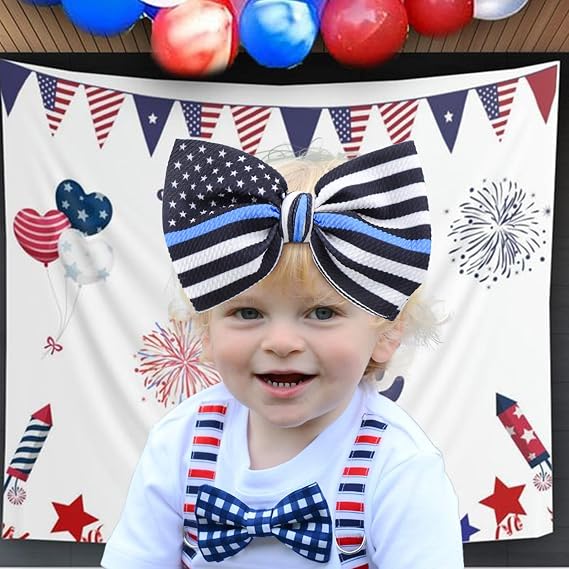 YanJie 7 Baby Girls Headbands National Police Week Hair Bow Blue Line Flag Printed Headbands Police Support Nylon Headband Infant Bows Gift