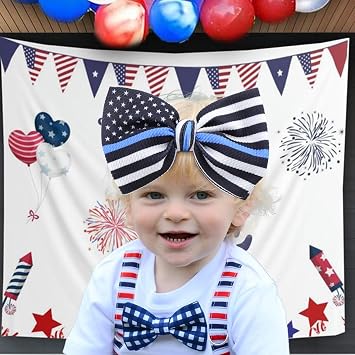 YanJie 7 Baby Girls Headbands National Police Week Hair Bow Blue Line Flag Printed Headbands Police Support Nylon Headband Infant Bows Gift
