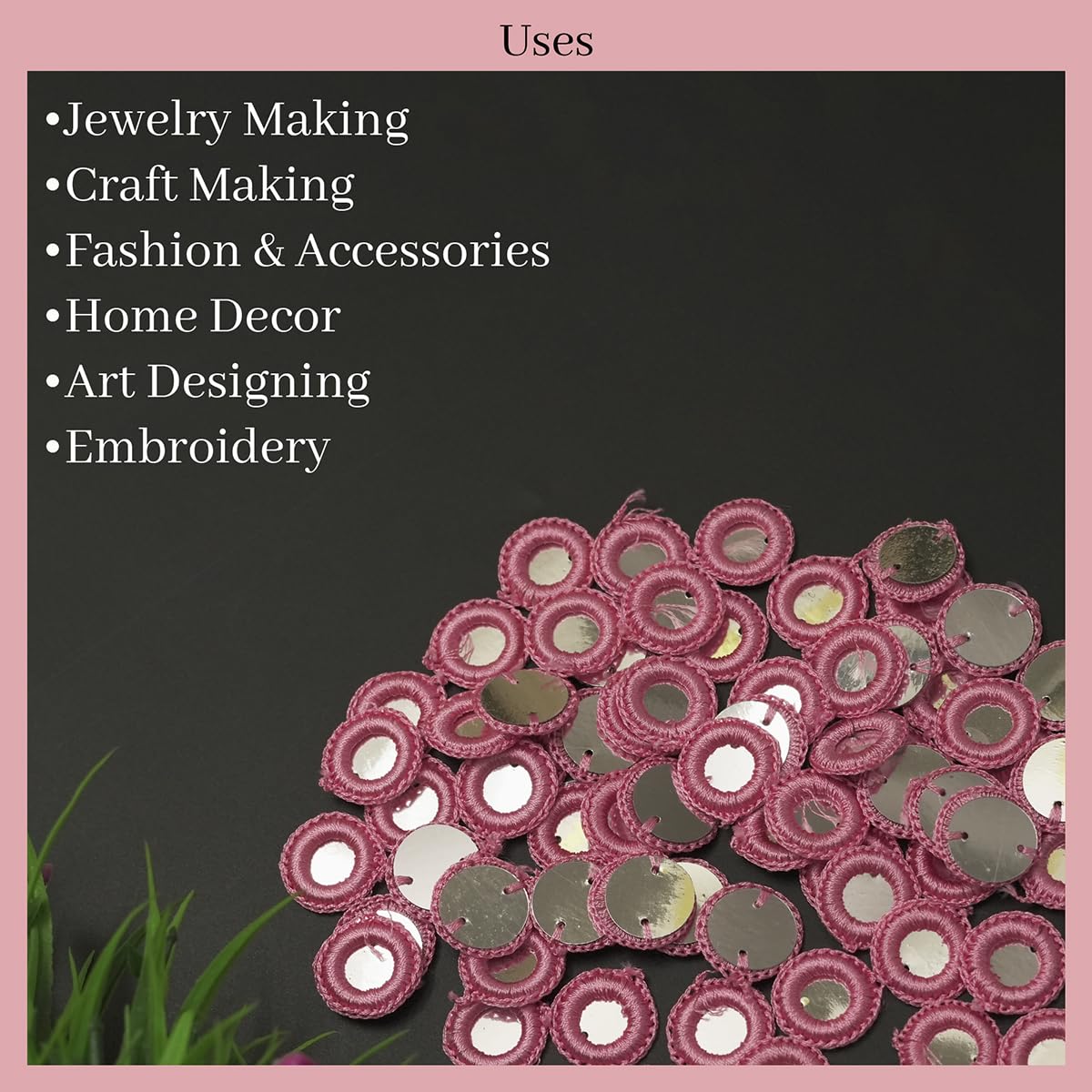 Embroiderymaterial Pink Mirror Work Embroidery Rings 18MM – Sewing Mirror Embellishments for Blouse, Saree, Lehenga, Dress Decoration & DIY Crafts (Pink, 100 Pieces) 3