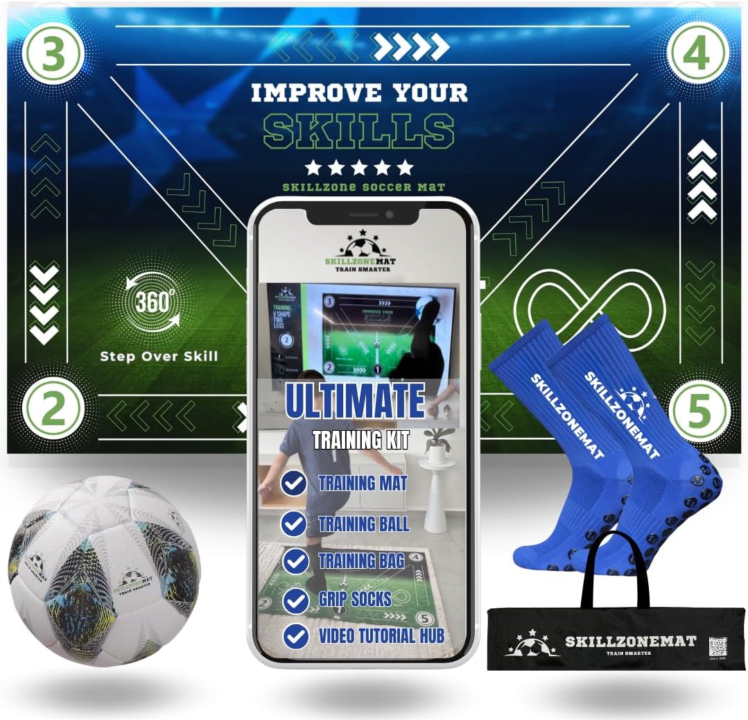 SkillZone Soccer Training Mat with Ball – Dribbling & Footwork Trainer | Indoor/Outdoor Soccer Training Kit with Video Hub, Grip Socks & Carry Bag | Ball Control & Agility Practice Galaxy Dribble + Ball