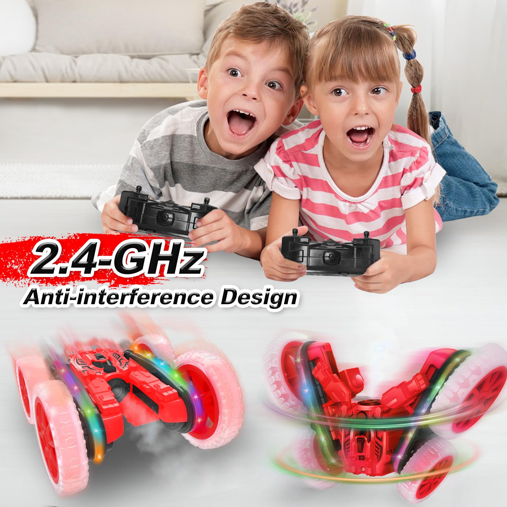 MidiVix Ferngesteuertes Auto für Kinder, Cool Lights 360° Spin Double Sided Flips RC Autos, Outdoor 4WD Off Road Stunt Car, Spielzeug für Jungen Mädchen Alter 6-12 Geburtstag Geschenk Rot