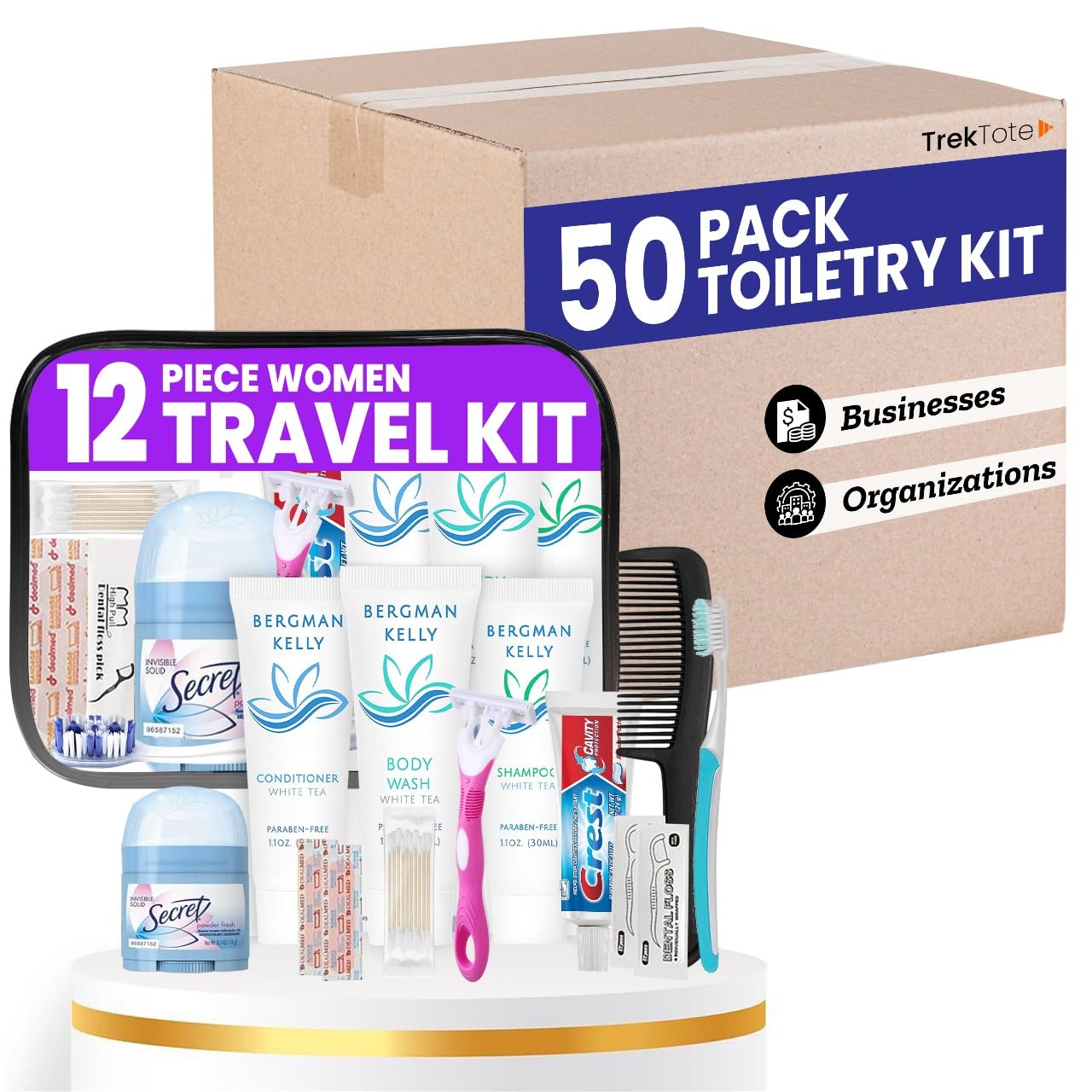 Trektote Bulk Hygiene Kit For Women  (50 Pack) 12 Piece Set Of Travel Size Toiletries, TSA Compliant, Bulk Travel Essentials, Includes Shampoo And Conditioner, Body Wash, Toiletry Bag & More