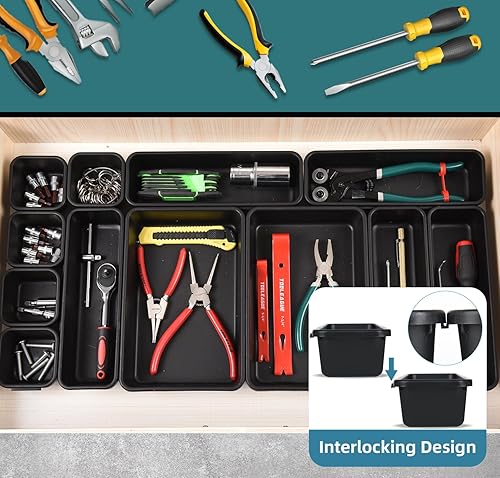 Miniatura 6 de Juego de organizador de cajones de 15 piezas, 3 tamaños entrelazados de plástico para suministros de oficina, tocador de maquillaje de joyas, baño,