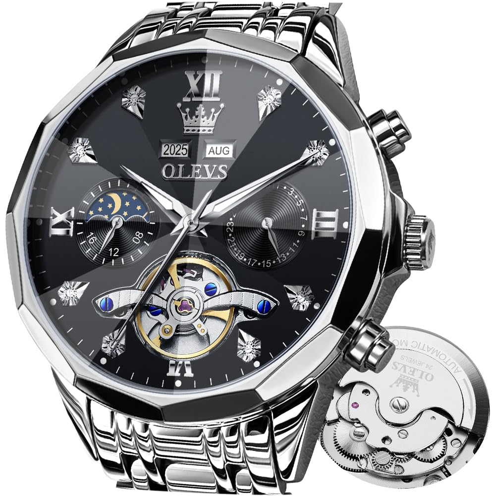 OLEVS Automatic Watch for Men Luxury Diamond Self Winding Multifunctional Men's Calendar Watch Stainless Steel Waterproof Luminous Male Watches
