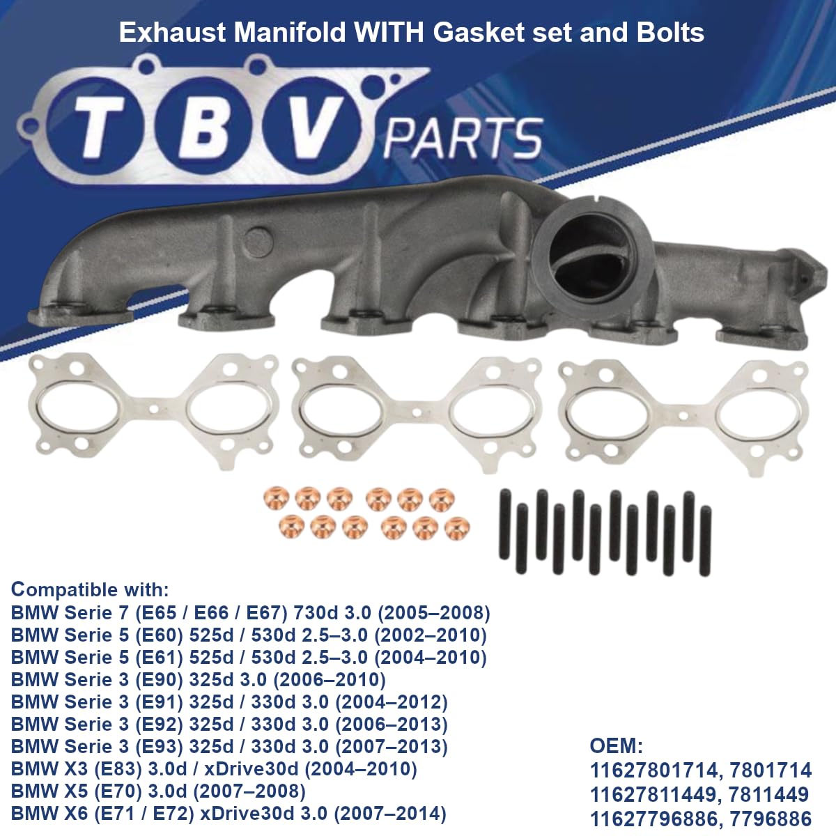 Collettore di scarico con set di guarnizioni compatibile con serie 3 E90/E91/E92/E93, serie 5 E60/E61 e X3 E83 3.0d - Riferimenti 11627801714 11627811449 11627796886668666666866686686