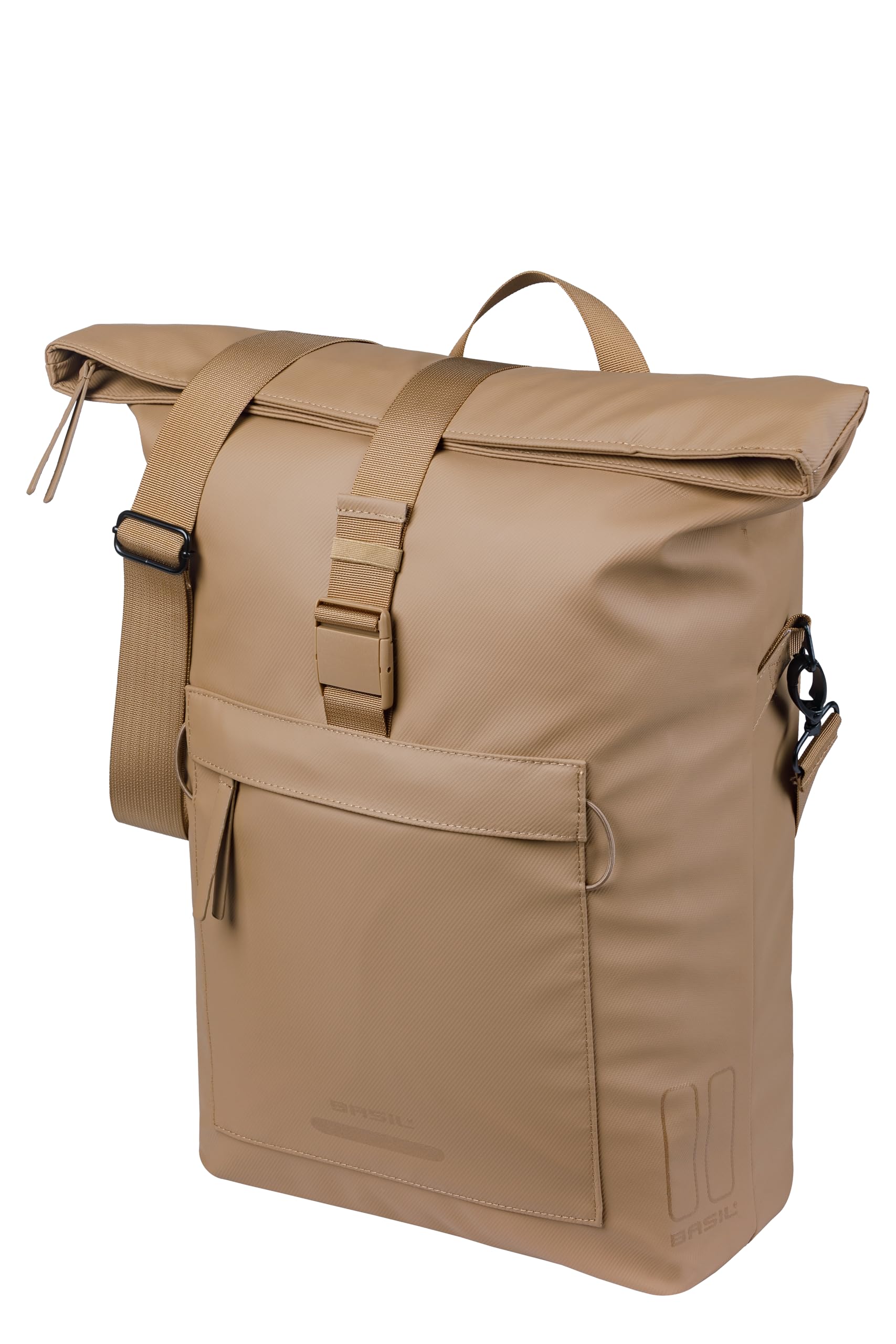 Basil Brooklyn Single Bicycle Pannier Rack - Waterproof 17L - with Laptop Compartment - Reflective - Made of Recycled Material - MIK Hooks - 32 x 14 x 40 cm - Sand