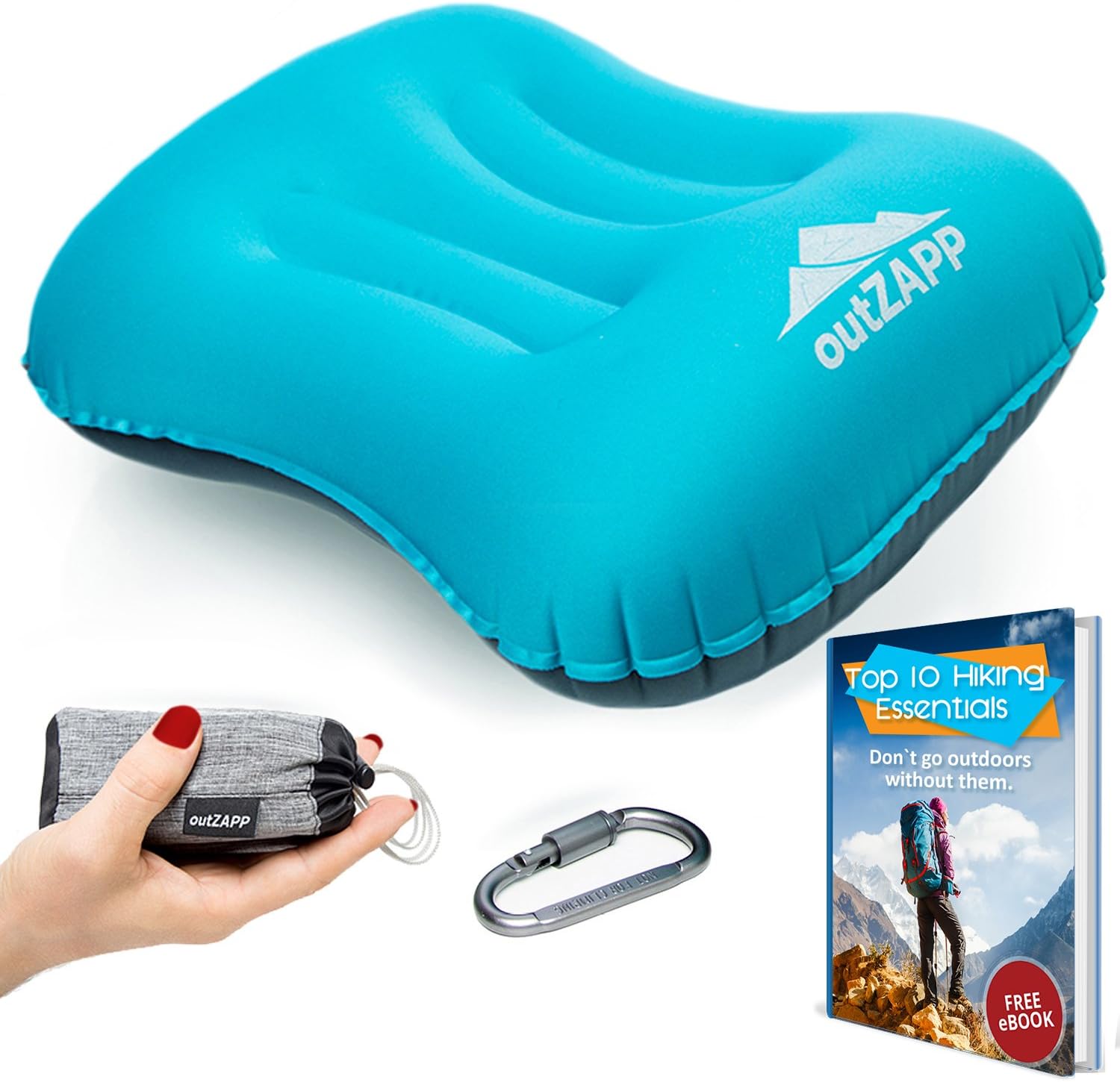 BAYCHEER Travel Pillow Inflatable for Camping and Hiking Lightweight and Compressible Camping Gear for Men and Women Ergonomic Design for Neck and Lumbar Support Bonus Carabiner Plus Packing Bag