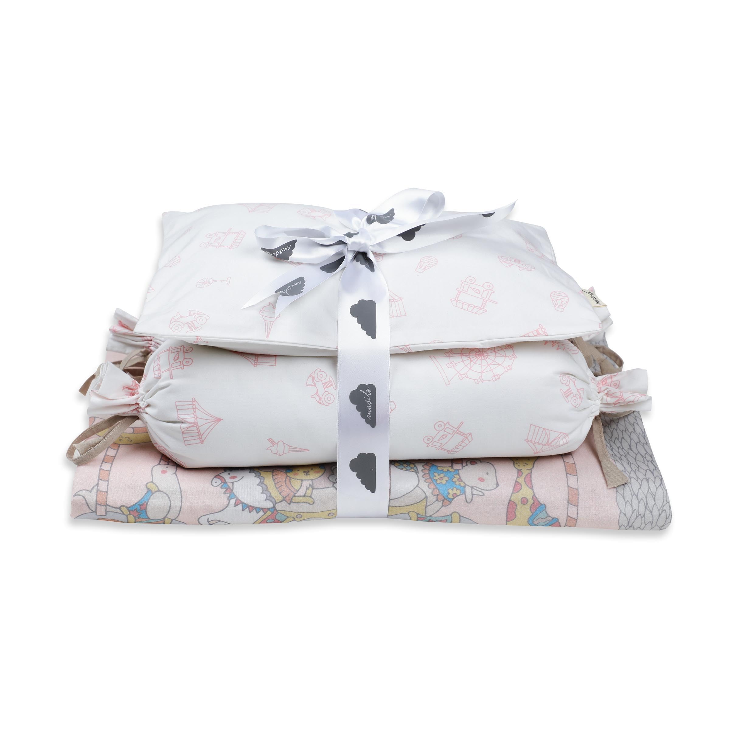 Masilo 100% Organic Cotton Mini Crib Set/Includes Quilted Blanket-Pillow-Bolsters/Essential Cot Bedding Set for Infants/Soft & Comfortable/Newborn Nursery Bundle - Carnival Pink