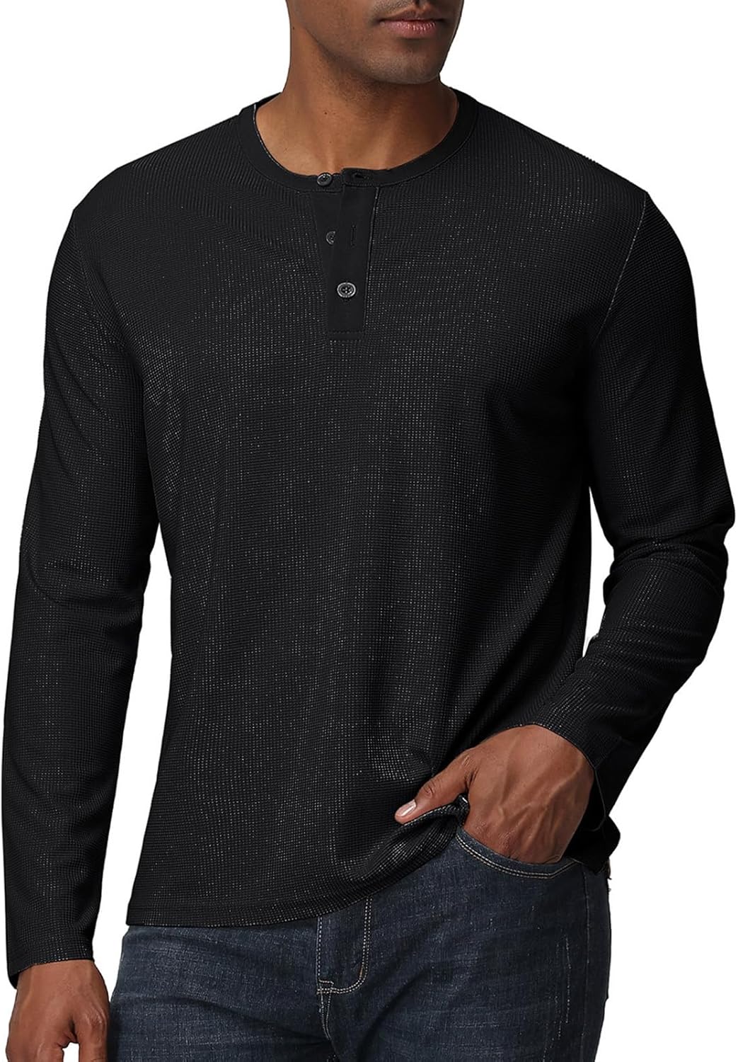 Men's Henley Shirts Long Sleeve Waffle Casual Pullover T-Shirts Basic Textured Button Lightweight Shirts Top - Image 2