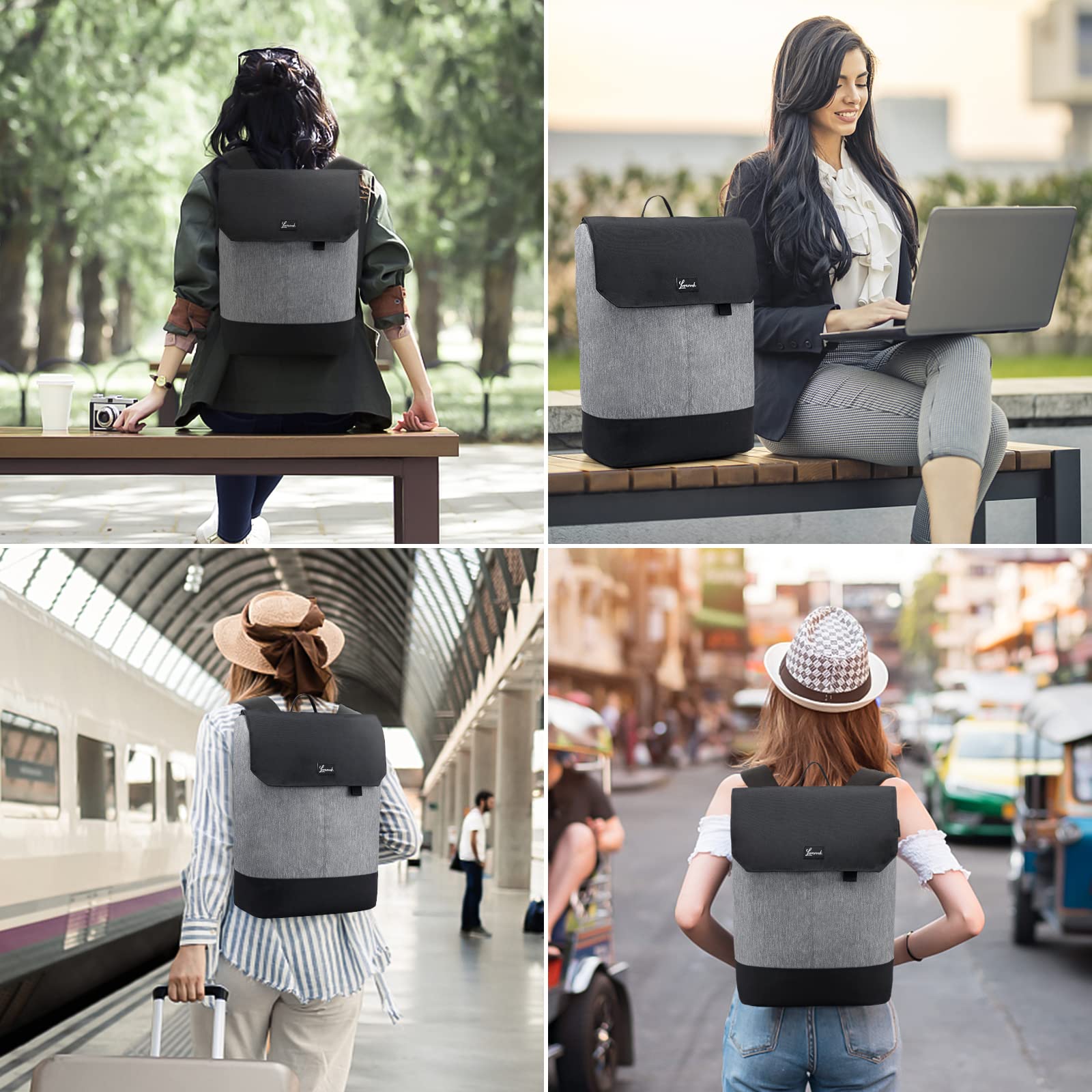 LOVEVOOK Zaino da donna elegante zaino impermeabile con scomparto per computer portatile da 17 pollici e custodia antifurto per gite, università, scuola e ufficio, grigio/nero