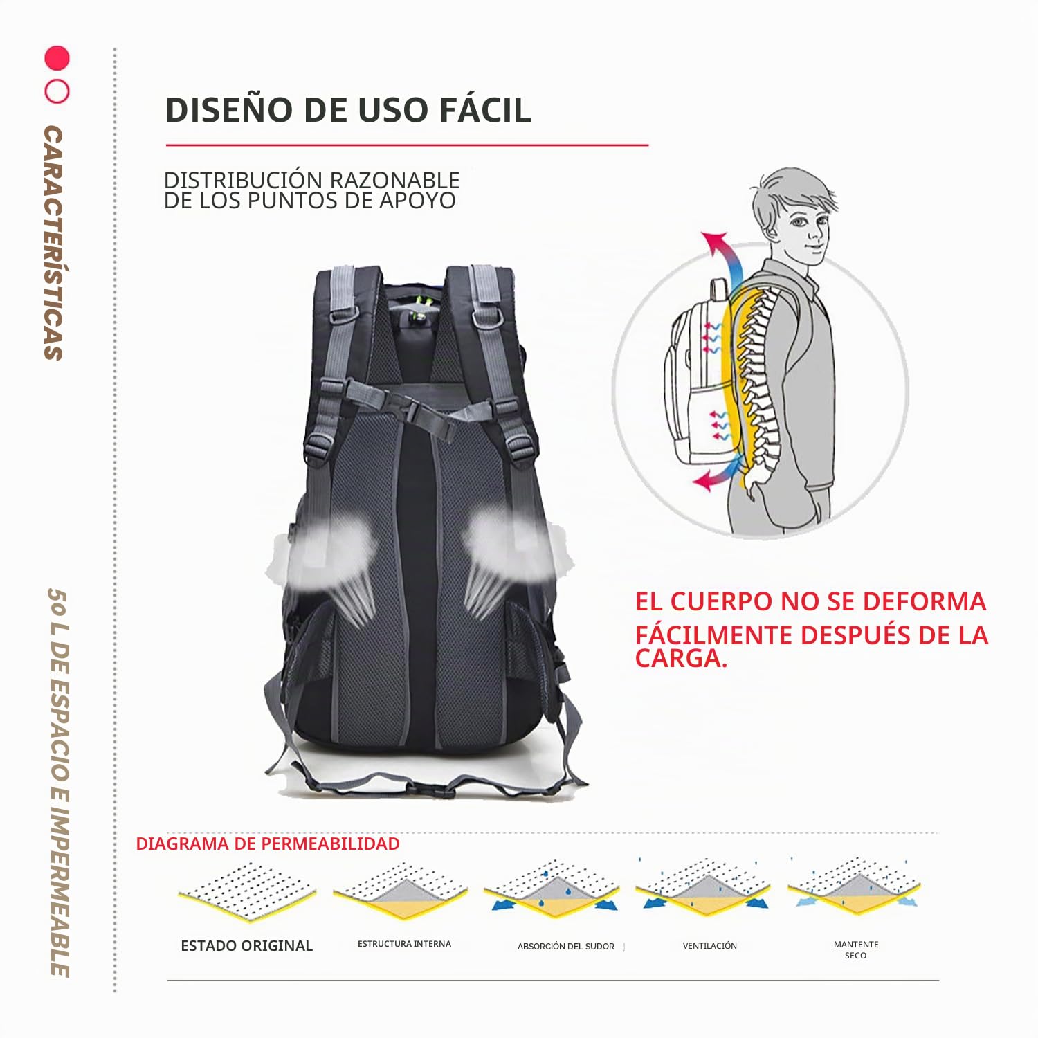 Bseash 50L Mochila de senderismo ligera y resistente al agua, mochila de deporte al aire libre, bolsa de viaje para escalar, acampar, viajar