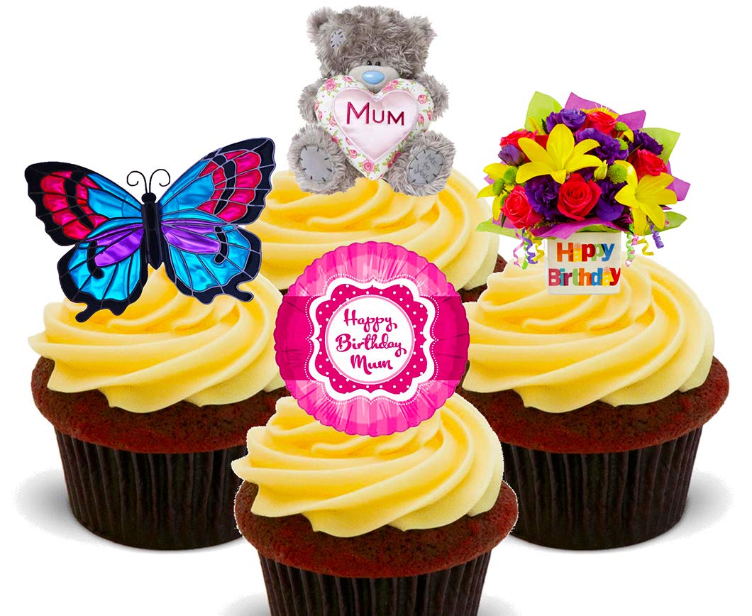 Made4you Happy Birthday Mum - Edible Cupcake Toppers - Stand-Up Wafer Cake Decorations (Pack Of 12)