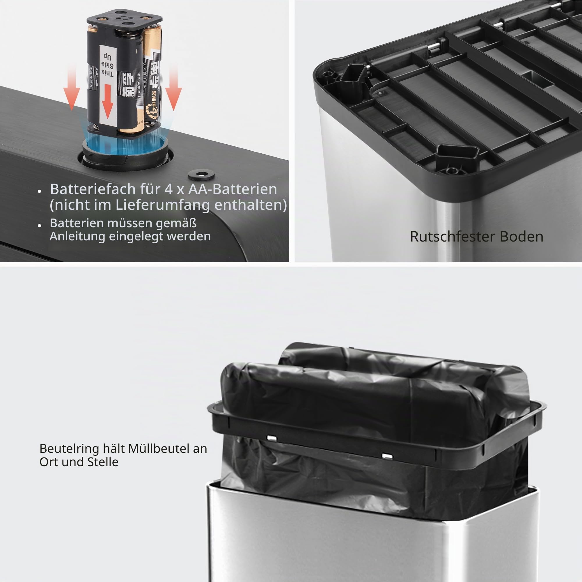 Rengue Automatischer Mülleimer, 50L Berührungsloser Bewegungssensor Abfalleimer Edelstahl Mülleimer mit Deckel für Küche, Schlafzimmer, Home Office
