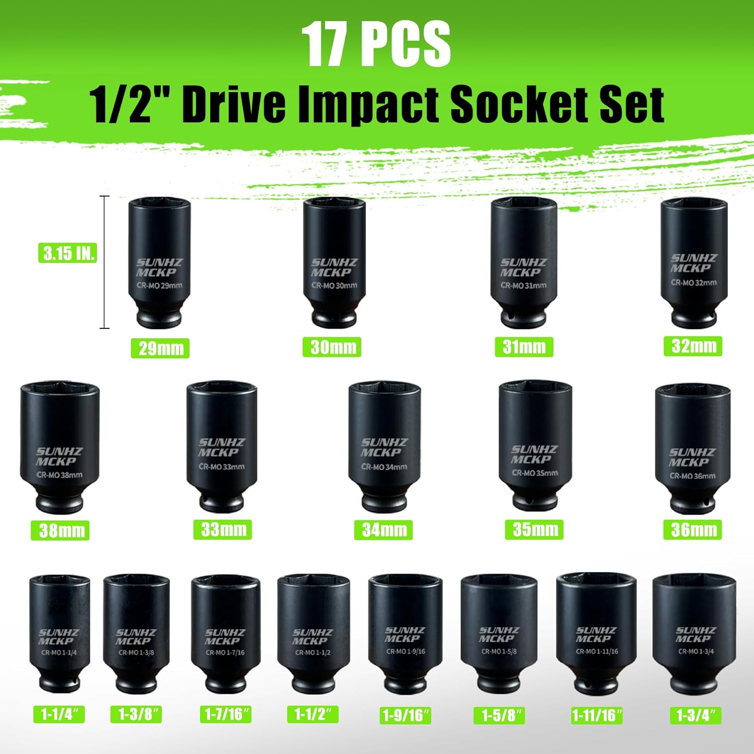 SUNHZMCKP 1/2" Drive Deep Impact Socket Set 17-Piece, Spindle 6 Point Axle Nut Sockets Set, Standard SAE (1-1/4-Inch to 1-3/4-Inch) and Metric (29mm - 38mm) Large Socket, CR-MO, Impact Grade