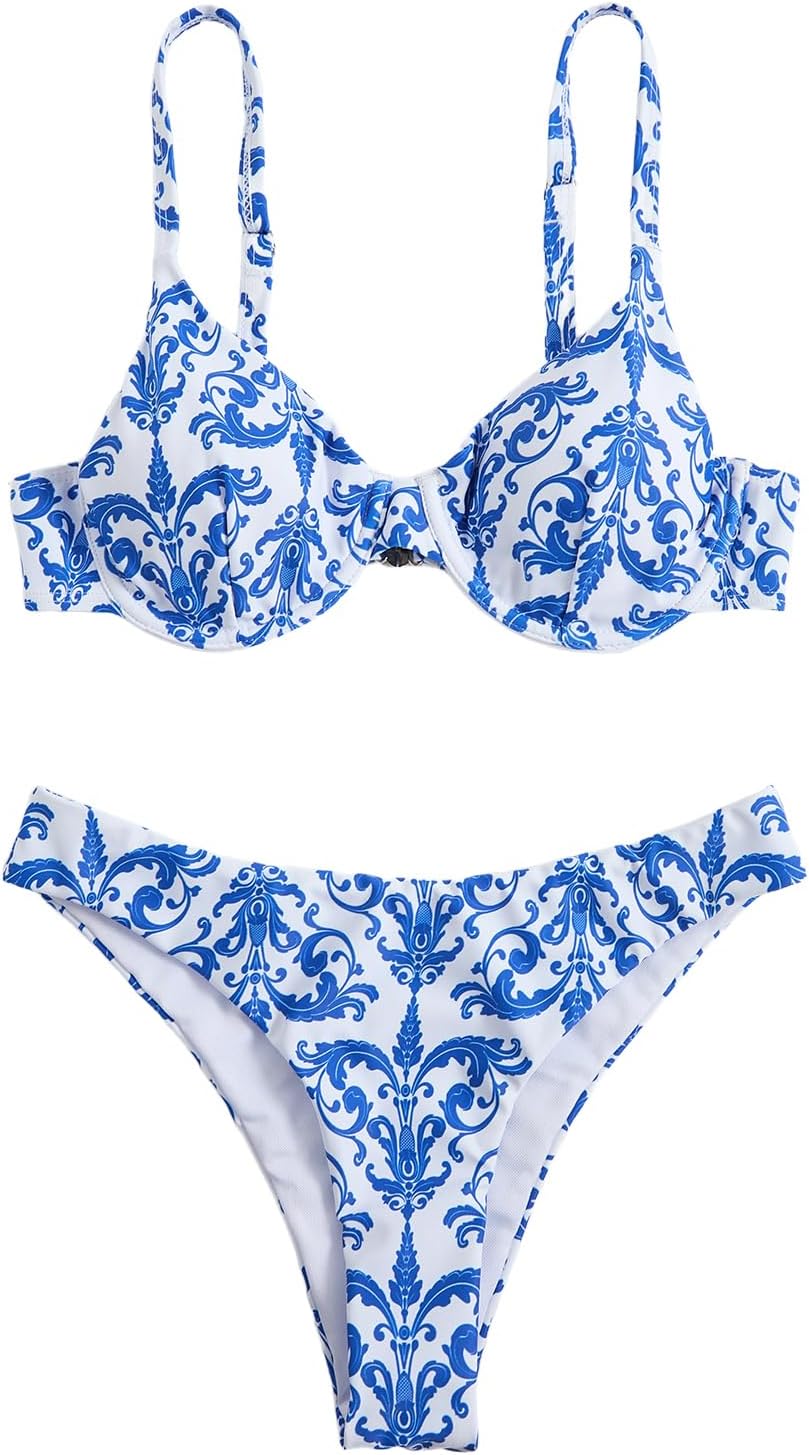 SweatyRocks Women's 2 Piece Swimsuit Zebra Stripe Push Up Bikini Sets Medium Blue and White