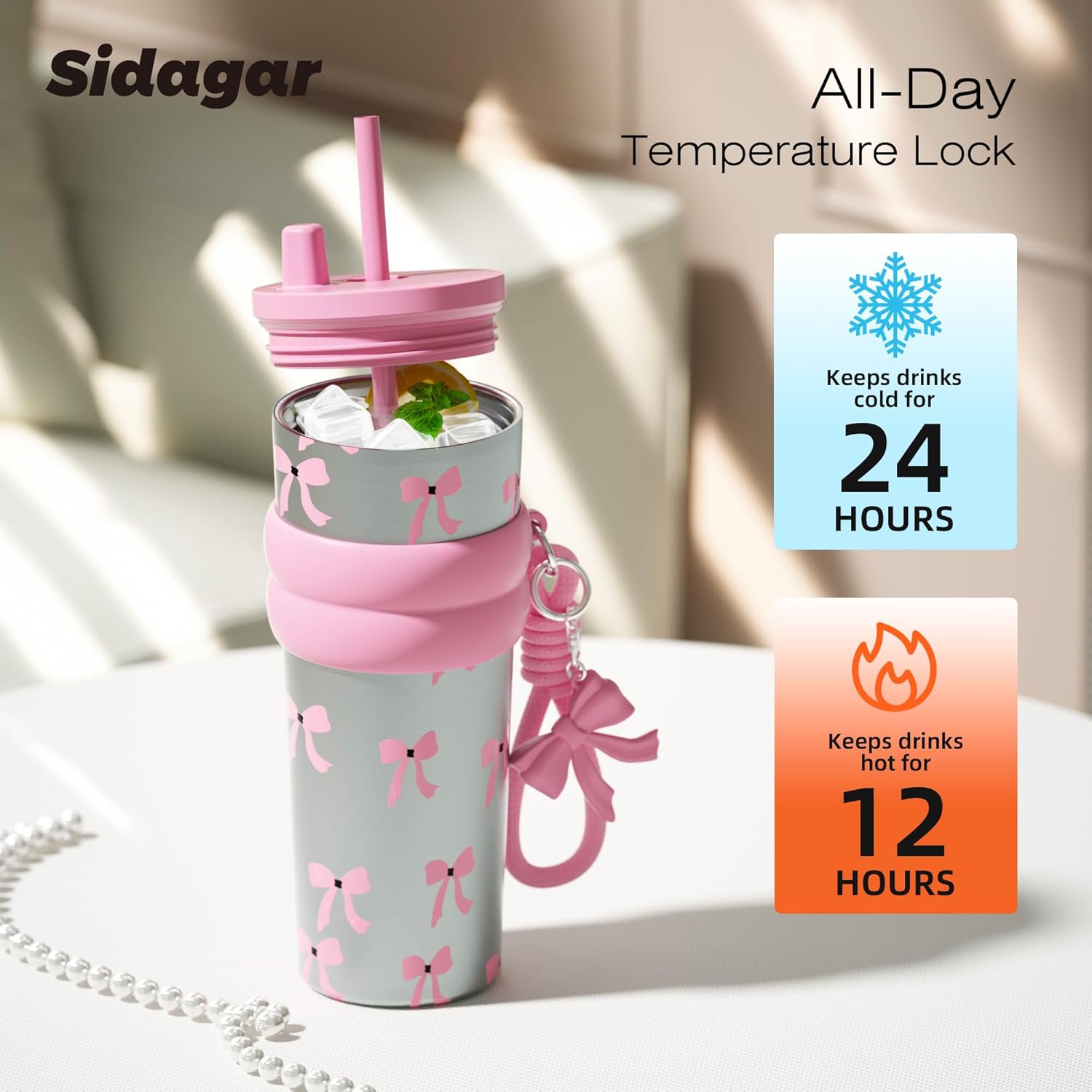 24 oz Insulated Tumbler witn Lid and Straw Stainless Steel, Insulated Reusable Leak Proof Water Bottle with Strap, Sliver Bow - Image 5