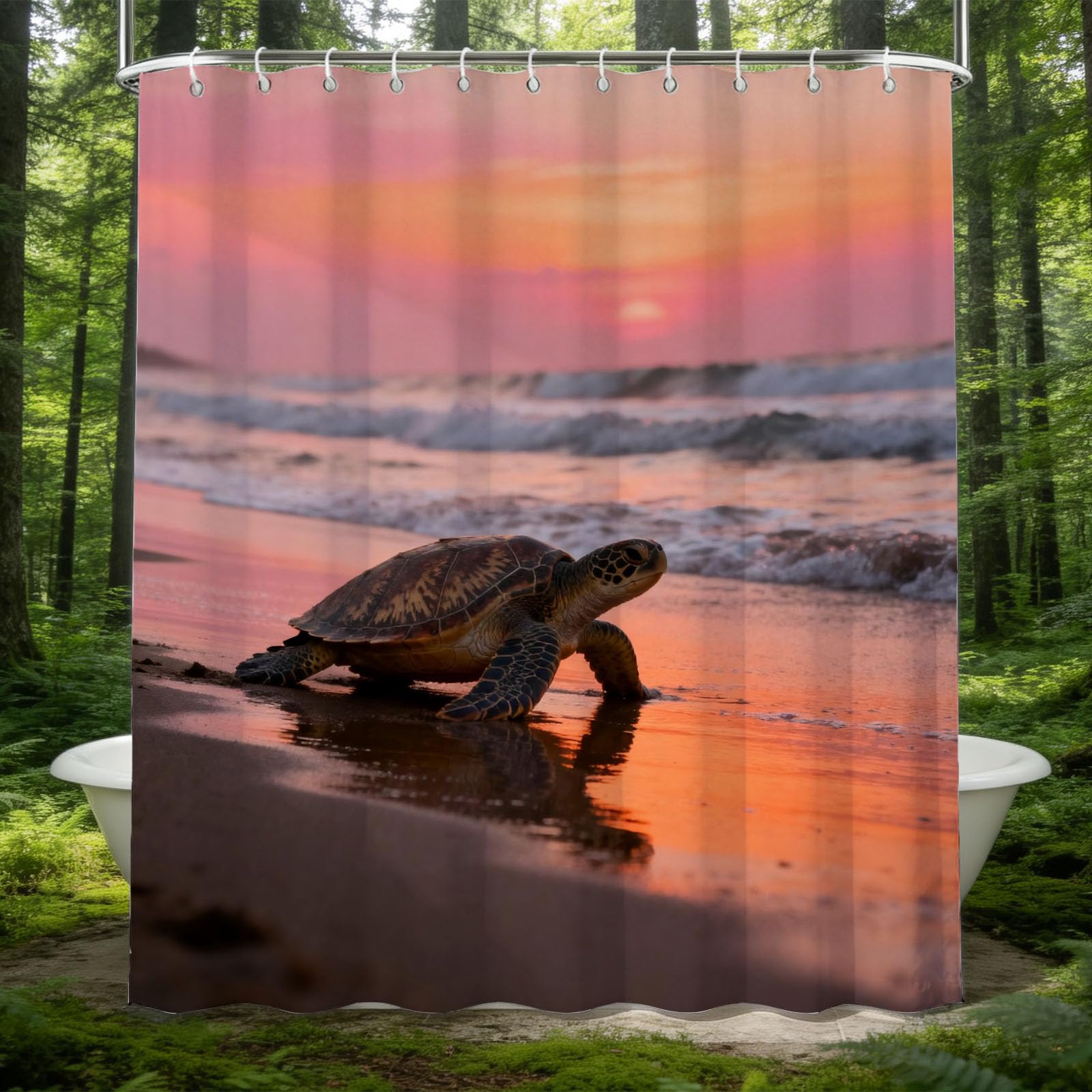Hongduo 3D Beach Turtle Shower Curtain for Stalls Bathtubs Sunset Bathroom Decor Shower Curtain Set Polyester Fabric Waterproof 180x180cm/71X71 Inch with Hooks