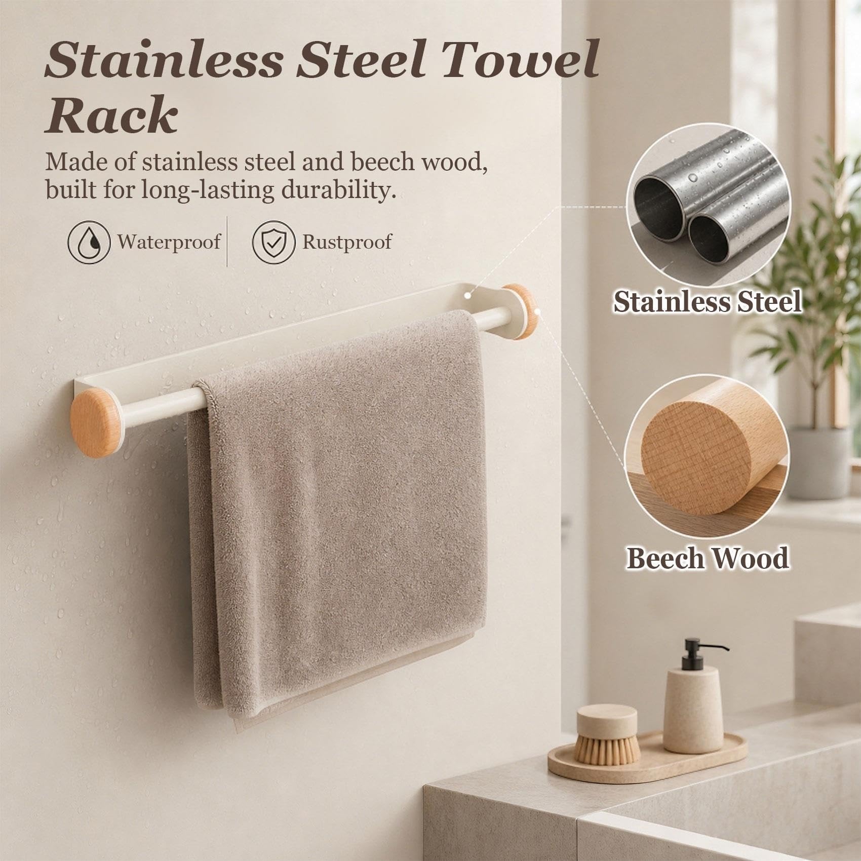 Portasciugamani Bagno Senza Foratura, Impermeabile & Antiruggine Adesivo | Barra Porta Asciugamani in Acciaio Inox e Legno, Organizzatore Salvaspazio a Parete per Cucina, 30/50/70cm(70cm/27.6in)