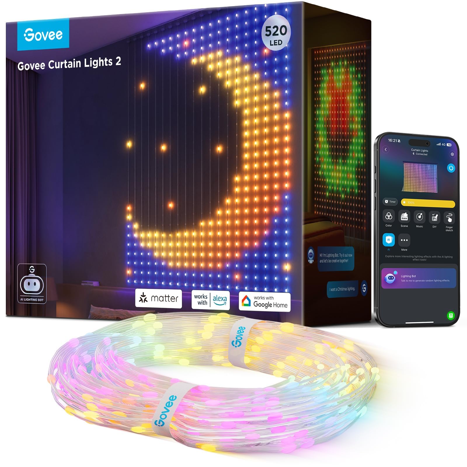 Govee Curtain Lights 2, Smart LED Curtain Lights with DIY GIF AIGC