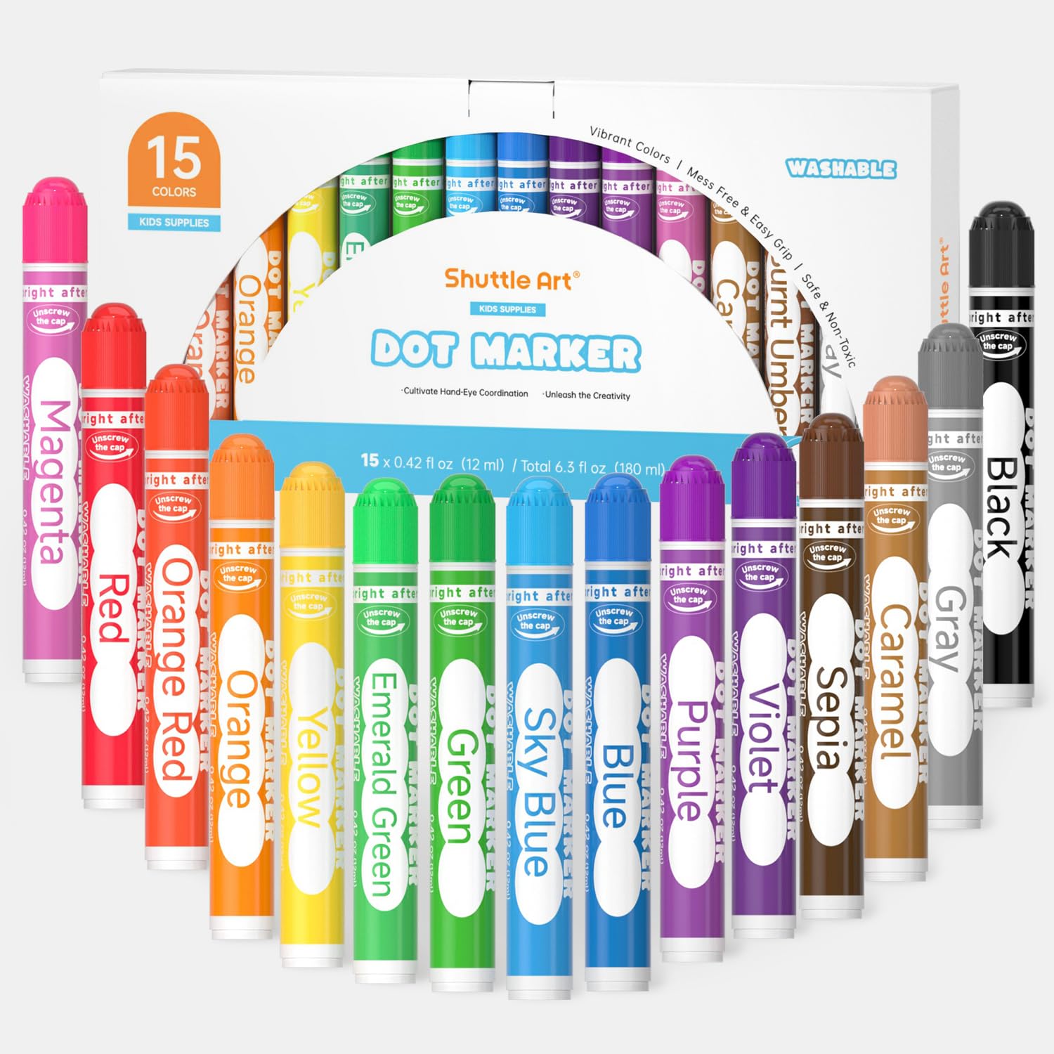 Shuttle Art Dot Markers, 15 Colors Washable Dot Markers for Toddlers,Bingo Daubers Supplies for Kids Preschool Children, Non Toxic Water-Based Bingo Daubers
