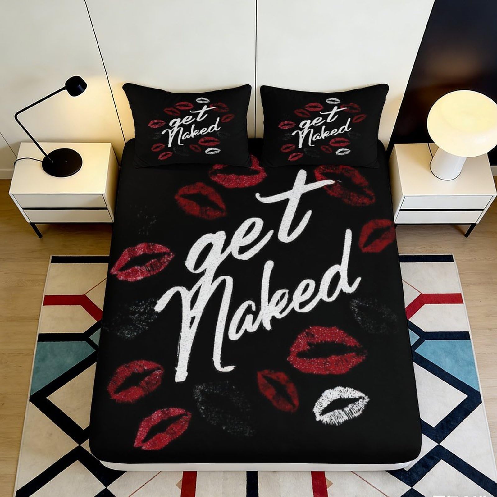 Uxinyoume Style-7 3D Printed Lip Kiss Fitted Sheet Microfiber Bedroom Decor Black Red Bed Cover For Adult Teen Mattress Protection 90X200x25cm