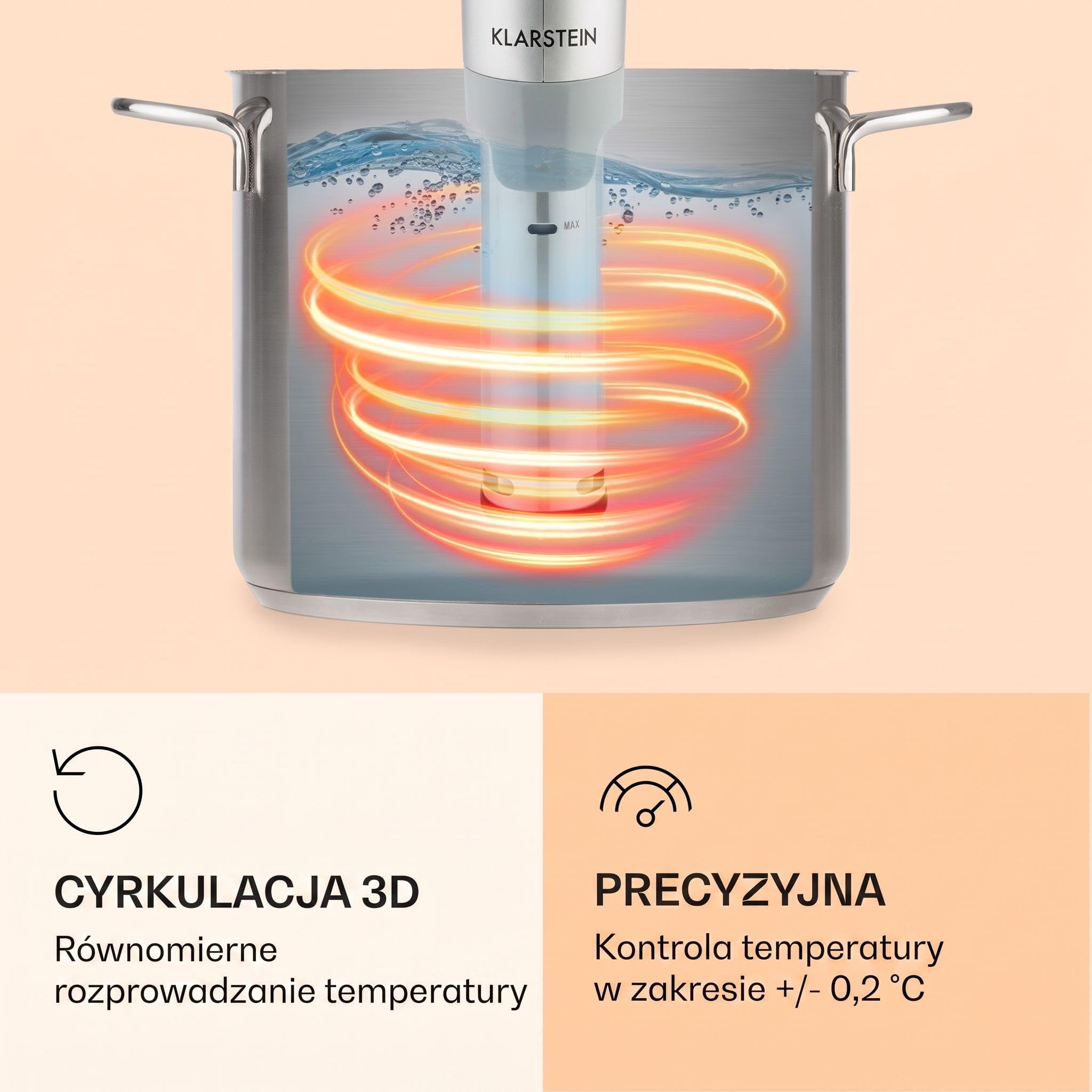 Klarstein Quickstick - Urządzenie sous-vide, Precyzyjny podgrzewacz, Wolnowar, 1300 W, Funkcja timera, 3D Circulating, 0-95 °C, Wyświetlacz dotykowy LCD, Wodoodporny, do 20 litrów, flex, srebrny