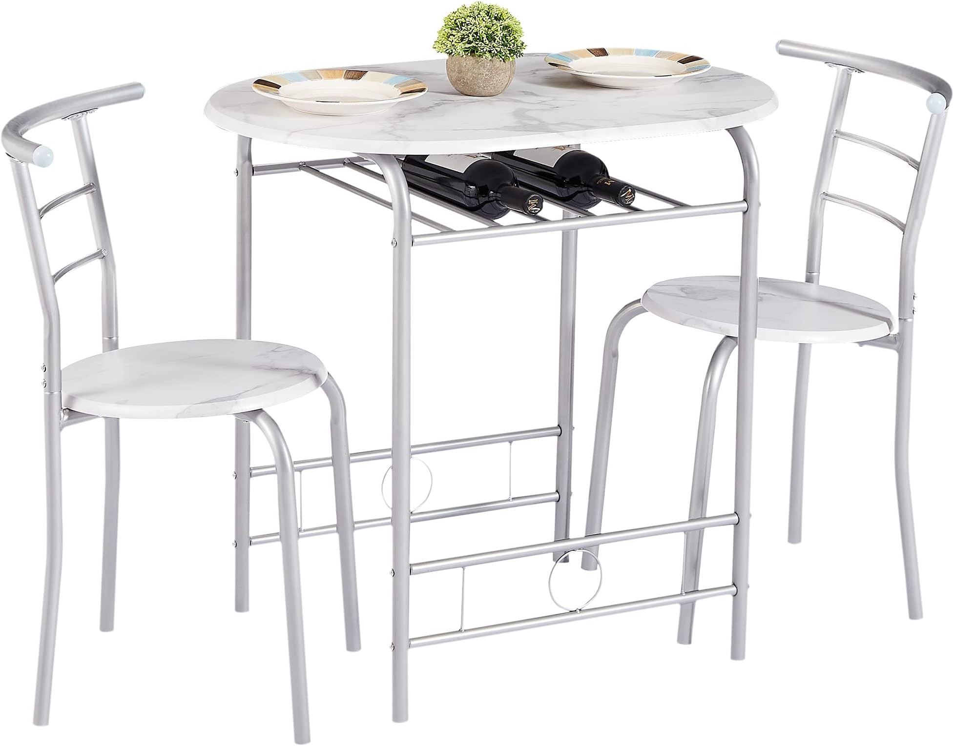 VECELO 3 Piece Small Round Dining Table Set for Kitchen Breakfast Nook, Wood Grain Tabletop with Wine Storage Rack, Save Space, 31.5", White