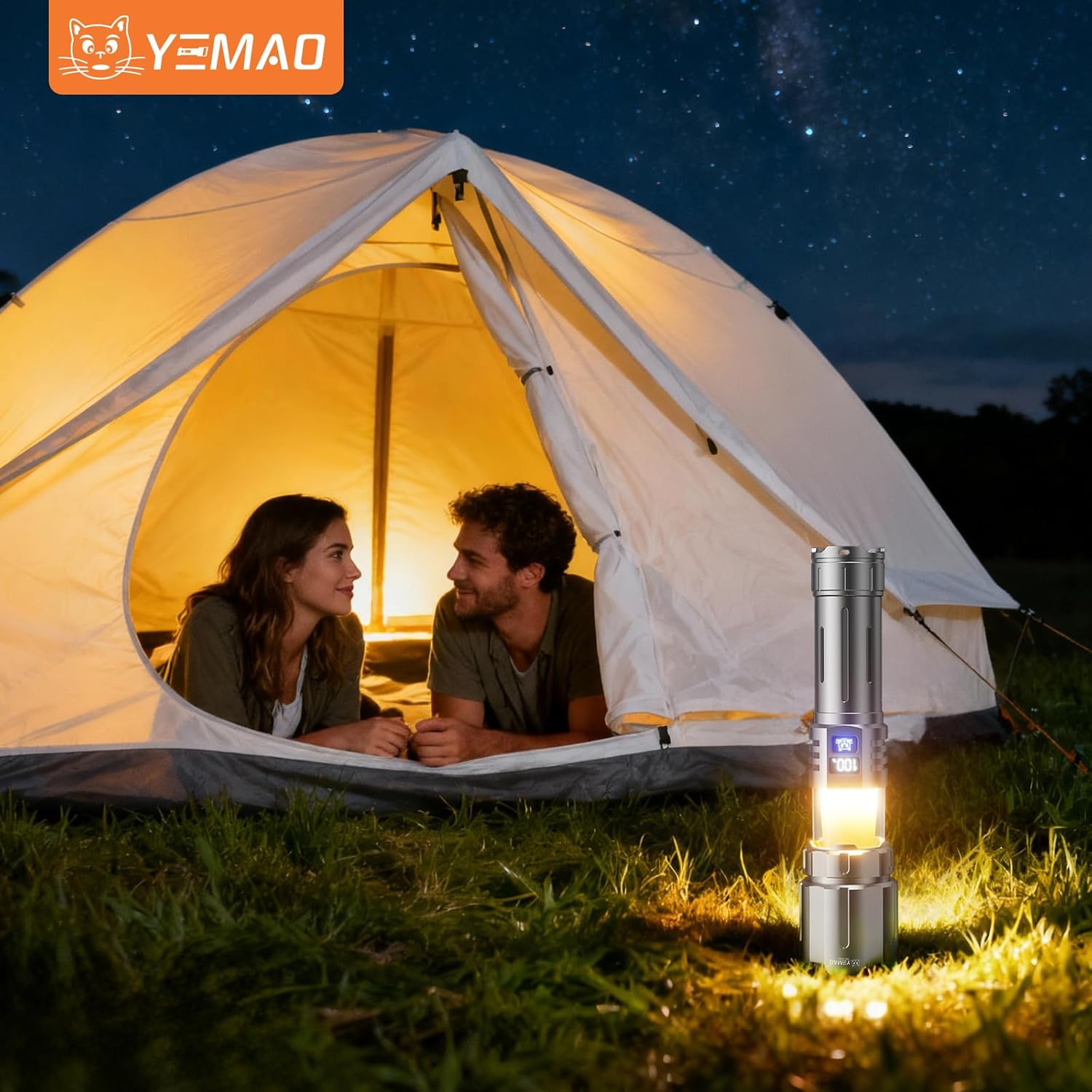 Yemao EDC Flashlight Rechargeable with Camping Lamp,Zoomable Tactical Flashlight with 8 Modes,5000mAh LED Bright Flashlights Portable Flashlighst for Home,Camping,Travel,Emergency