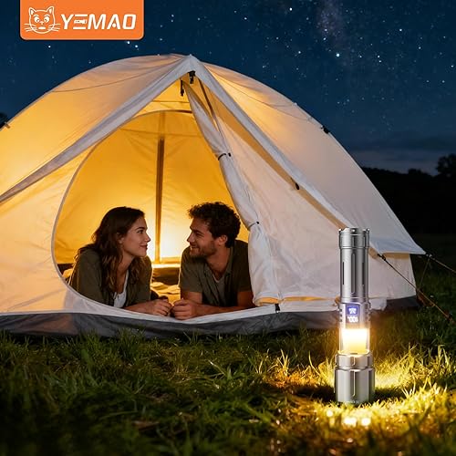 Miniatura 8 de Yemao Linternas de alto lúmenes recargables con 8 modos, linternas tácticas con lámpara de campamento cálida, linterna LED brillante con zoom con
