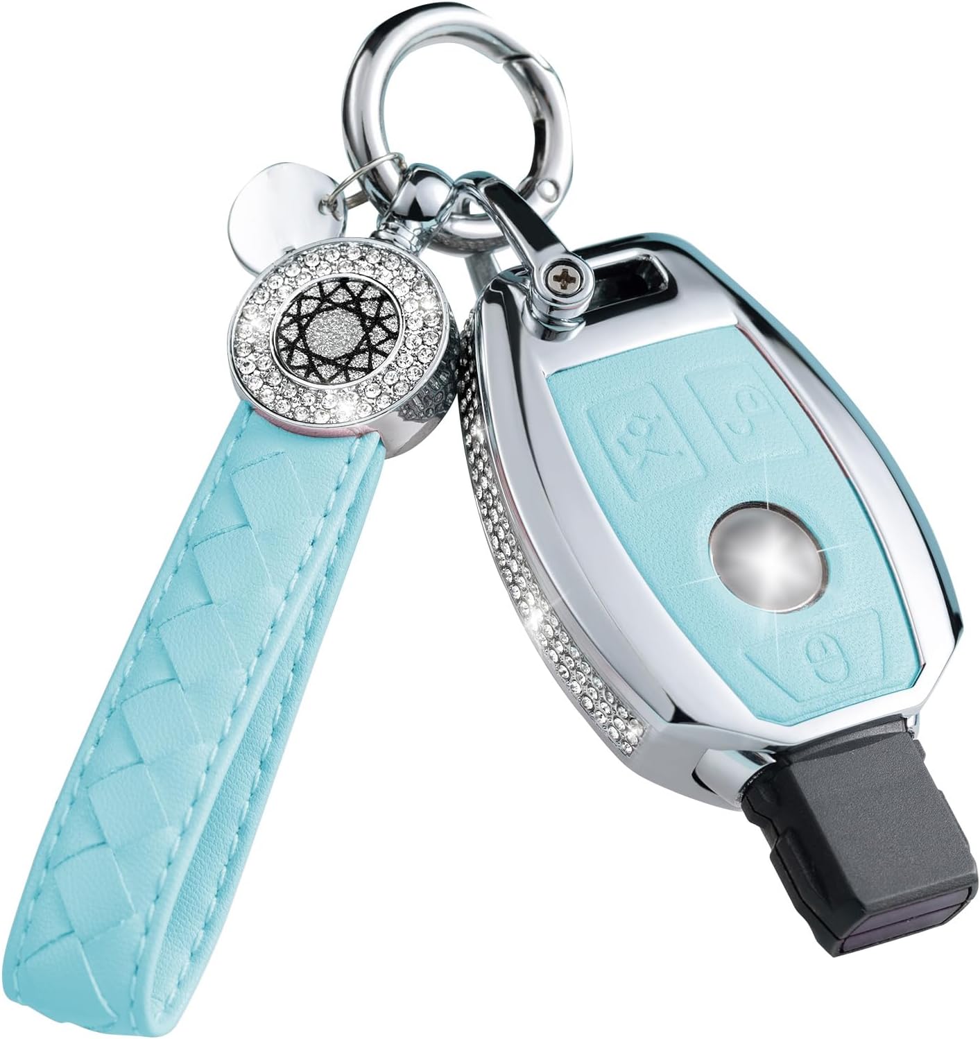 for Mercedes Benz Key Fob Cover with Keychain, Blue Leather Rhinestone Key Case Protection Shell Compatible with A B C E G K R S Class AMG Bling Car Accessories，4 Buttons