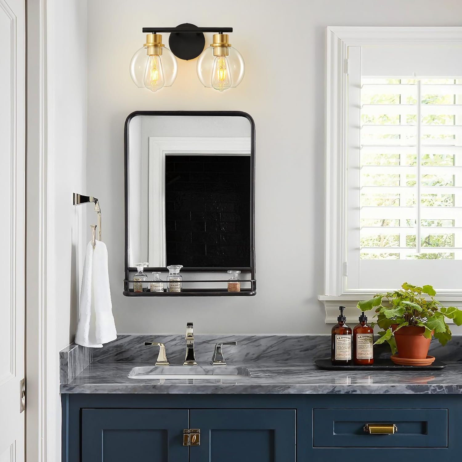 2-Light Bathroom Light Fixtures Black and Gold Vanity Light 13.8 inch Bathroom Lights Over Mirror with Clear Glass Globe Shade, Vanity Lights for Bathroom Kitchen Living Room