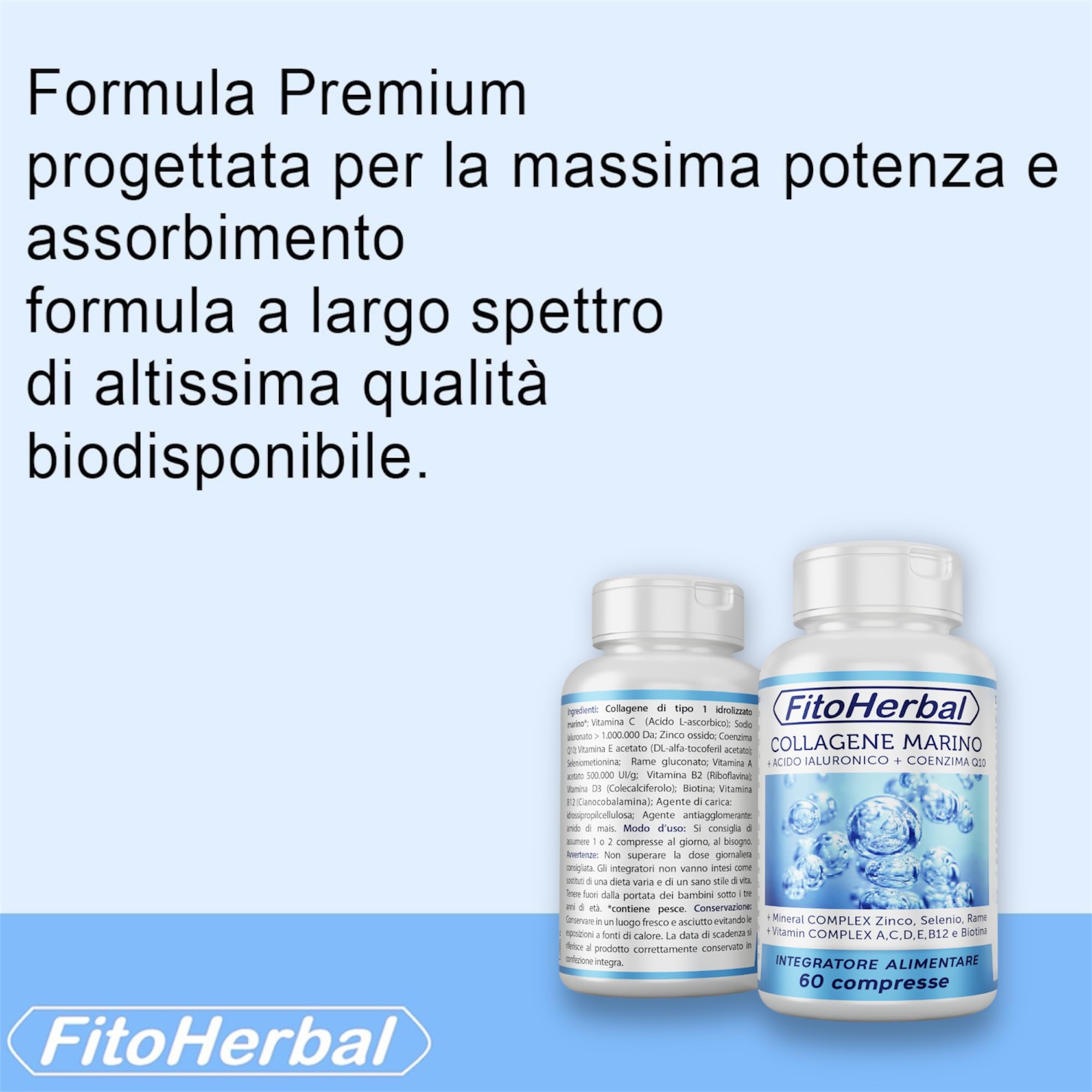 COLLAGENE MARINO CON ACIDO IALURONICO Coenzima Q10 | Compresse di Collagene Idrolizzato Potenziato con Vitamina Complex A C D E B12 Biotina Zinco Selenio Mantenimento Pelle Capelli Articolazioni Ossa