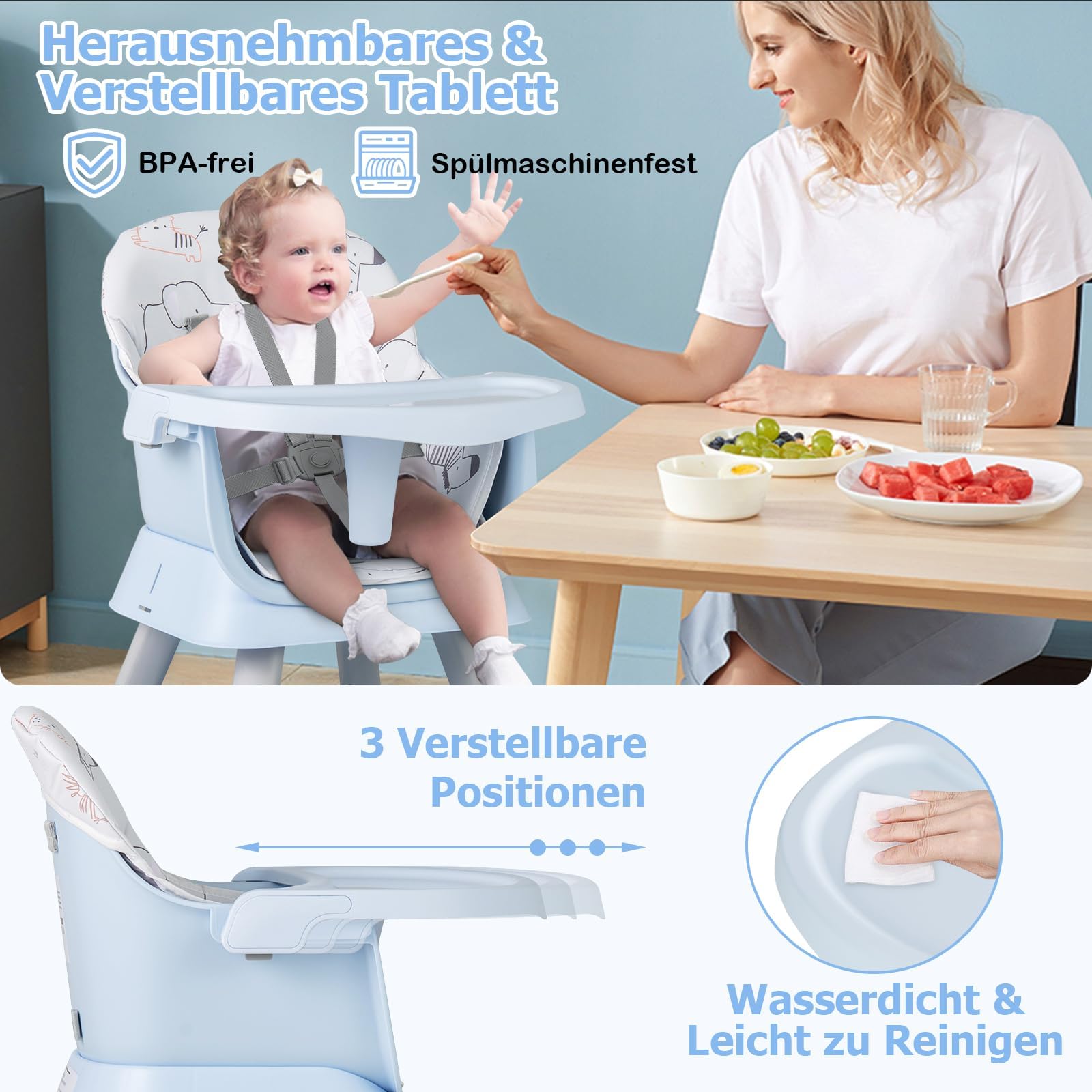 FANTASK Seggiolone 6 in 1 con cintura di sicurezza e vassoio rimovibile, tavolo da costruzione e seggiolone, tavolo educativo e sedia combinata, seggiolone (blu)