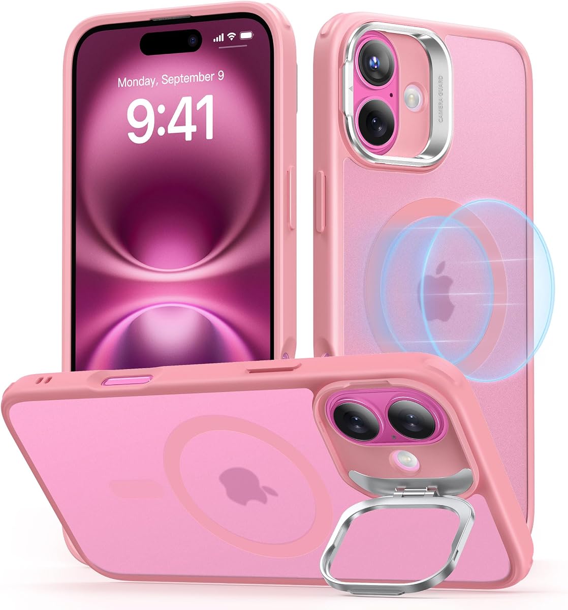 ESR for iPhone 16 Plus Case with Stand, for MagSafe, Frosted Pink | 3X Military-Grade Drop Protection, Magnetic Phone Case, Shockproof Air Guard Corners, Resists Scratches