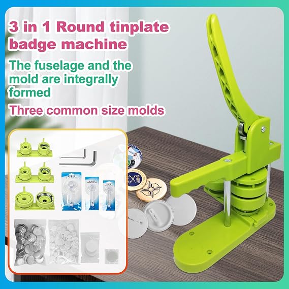 Pin Maker, Badge Button Maker Machine Multiple Sizes 25/32/58mm 3-in-1 with 300 Pin Parts, 3 Molds & Round Paper Cutter, Push Pull DIY Press Badge for DIY Gifts