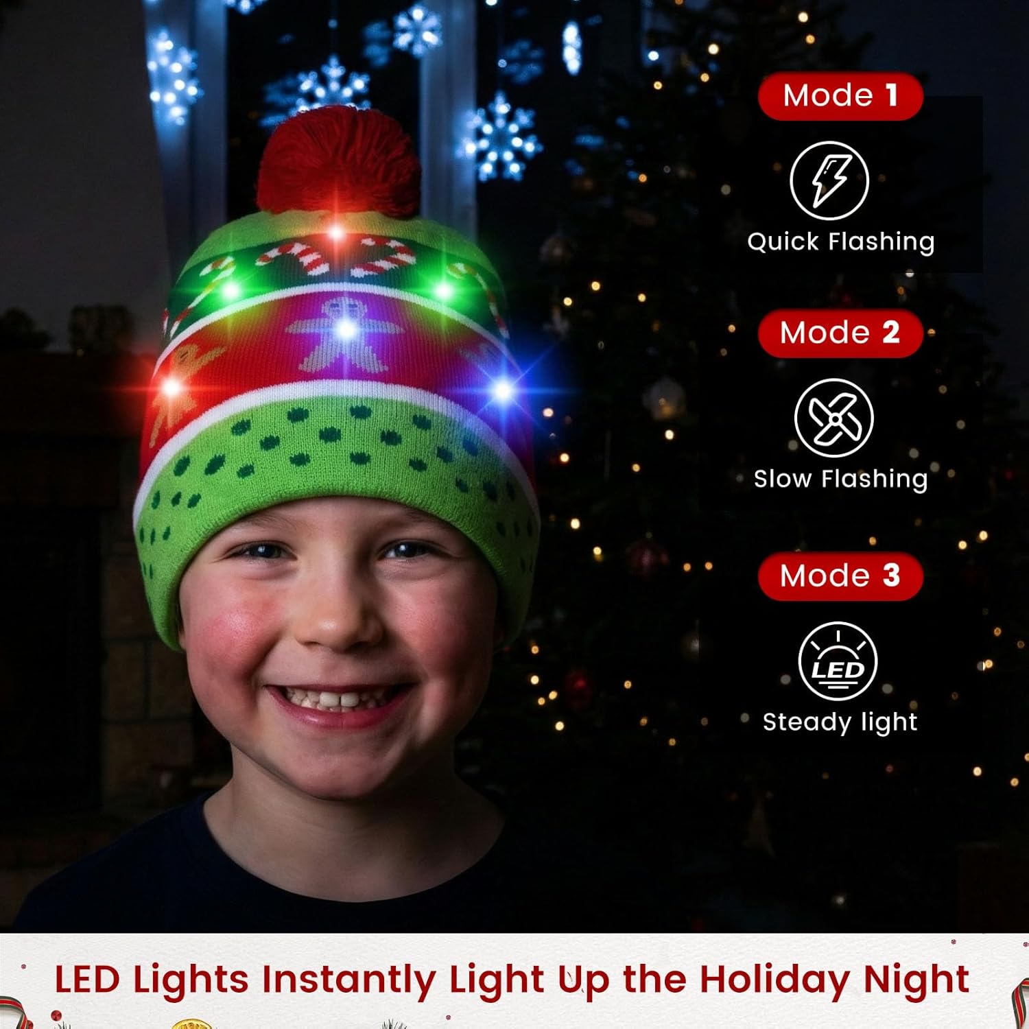 MCPINKY 2PCS Christmas LED Beanie Hats, Light Up Knit Beanie Hats Flashing Christmas Hat for Kids Adults Xmas Ugly Sweater Party