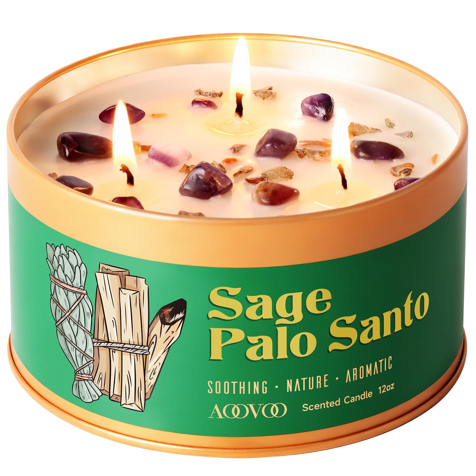 AOOVOO Sage &amp; Palo Santo Candle for Cleansing - 12oz Crystal Scented Candle