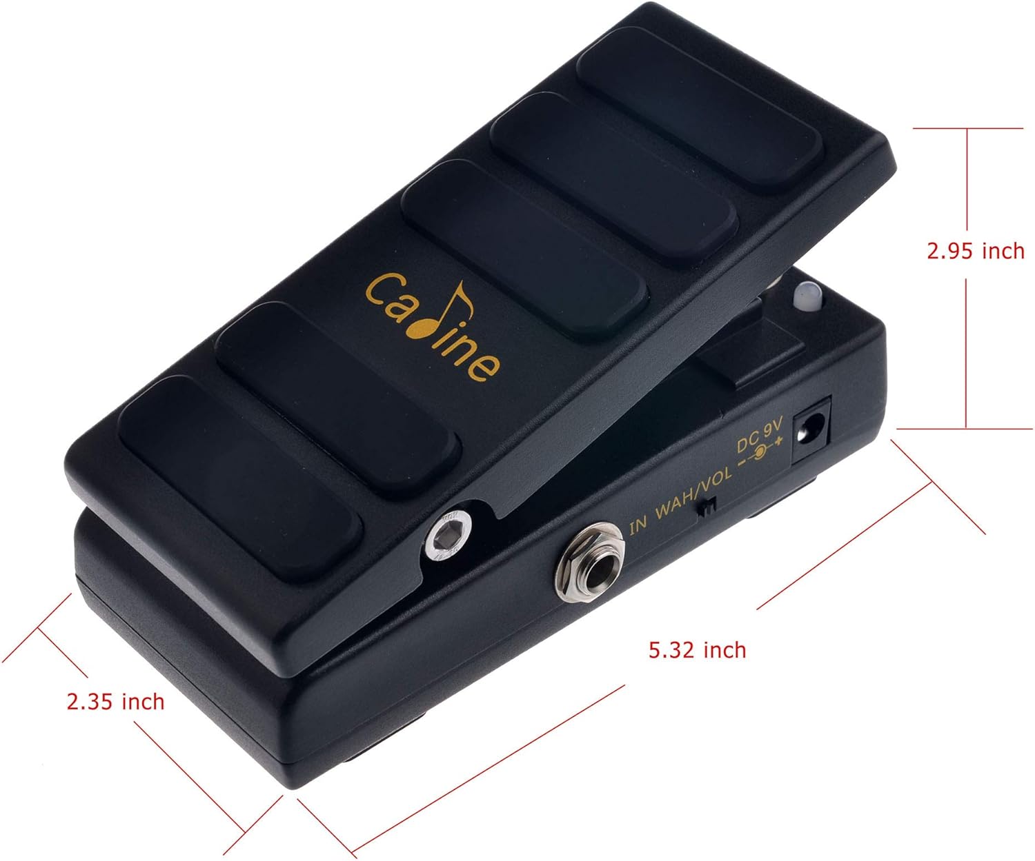 Caline CP-31 Wah + Volume Pedal with dimensions labeled.