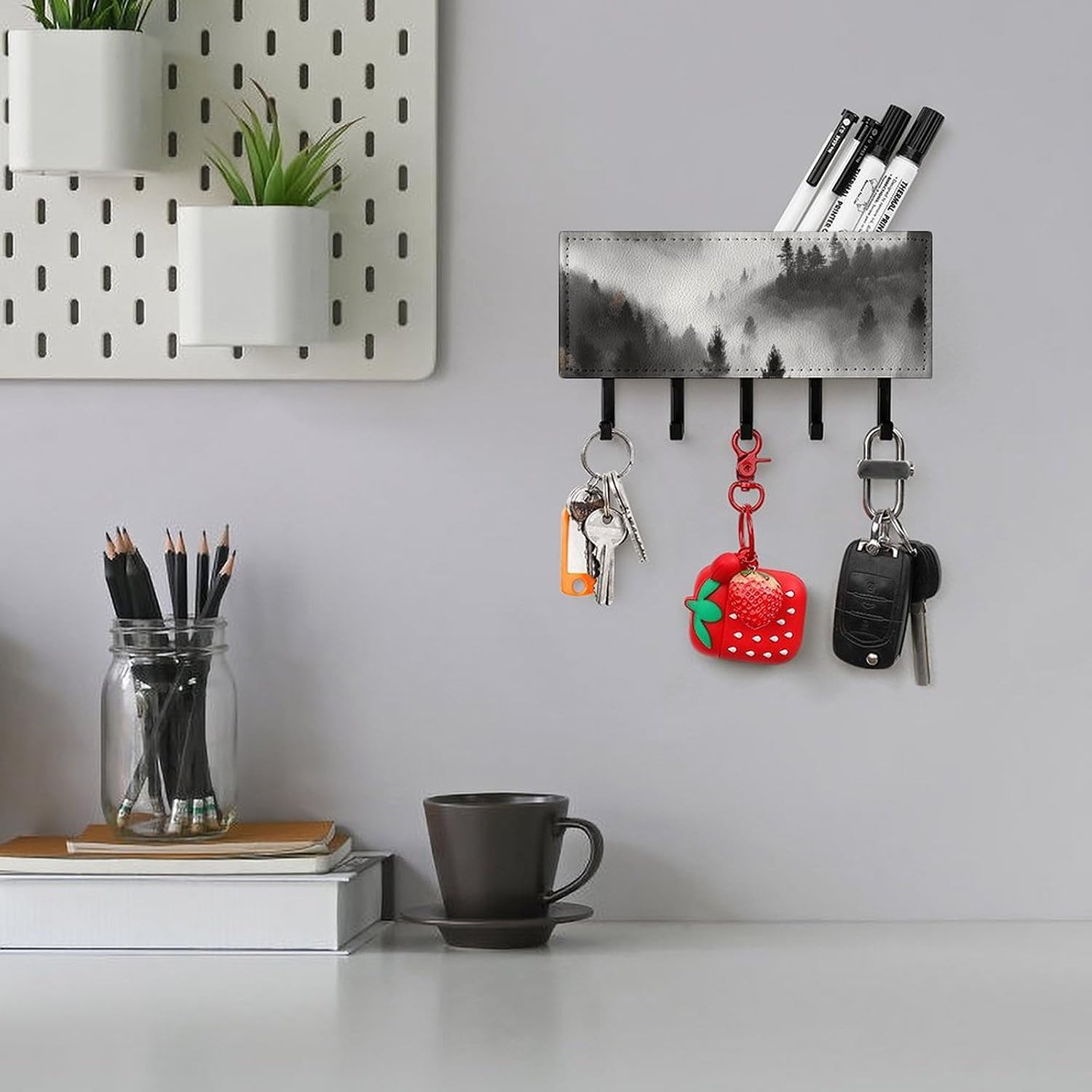Mountains Key Holder with 5 Hooks Mail Organizer for Wall Black image 5