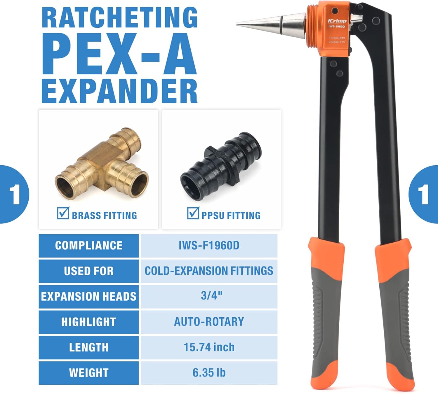 iCrimp PEX Expansion Tool Kit with 3/4 Inch Auto Rotation Expansion Heads & Tubing Cutter, Expander Tool for Uponor Wirsbo ProPEX, PowerPEX Fittings