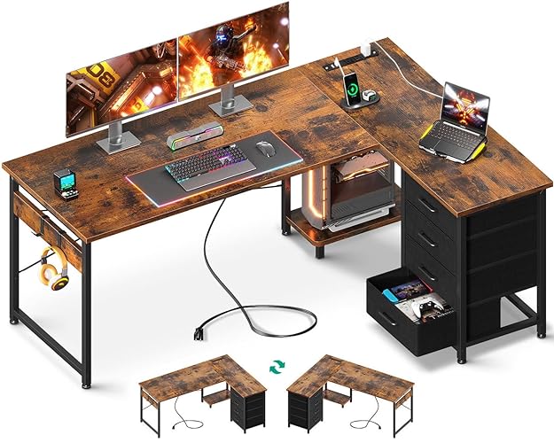 AODK L Shaped Desk with 4 Tier Drawers, 61" Reversible Gaming Desk with Power Outlets, L Shaped Computer Desk with USB Charging Port and Host Stand, Home Office Corner Desk, Easy to Assemble, Vintage - 61 Inch - Vintage